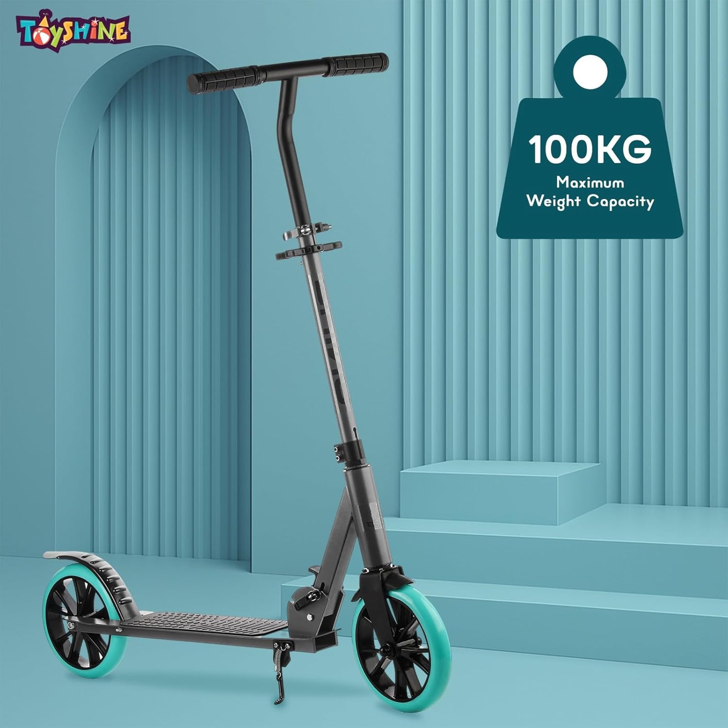 Rhino 2 Wheel Runner Scooter with Anti Slip ABS Base Big Wheels Height Adjustable Handlebar Foldable Max Load 50kg for Boys and Girls Ages 5 and Above - Black