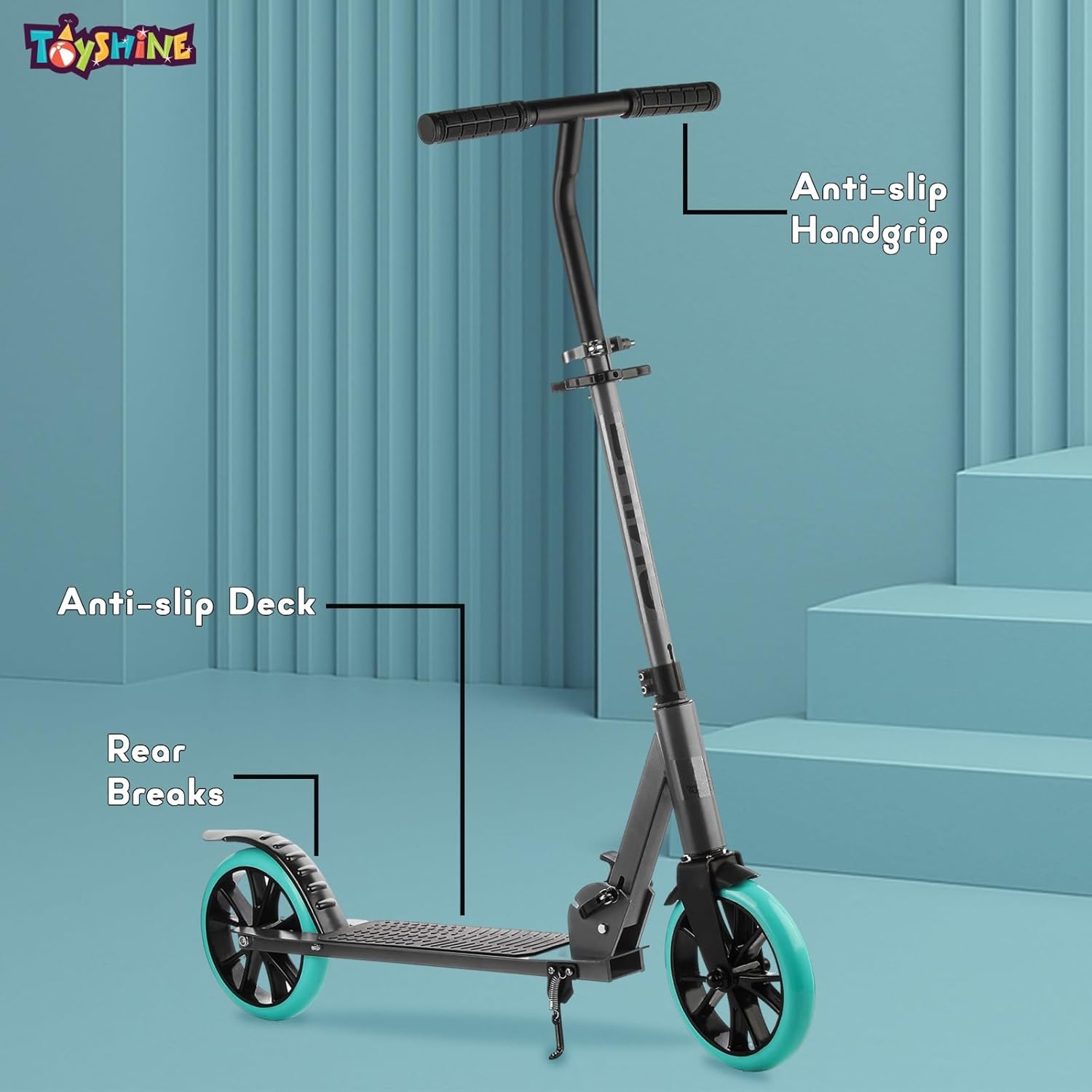 Rhino 2 Wheel Runner Scooter with Anti Slip ABS Base Big Wheels Height Adjustable Handlebar Foldable Max Load 50kg for Boys and Girls Ages 5 and Above - Black