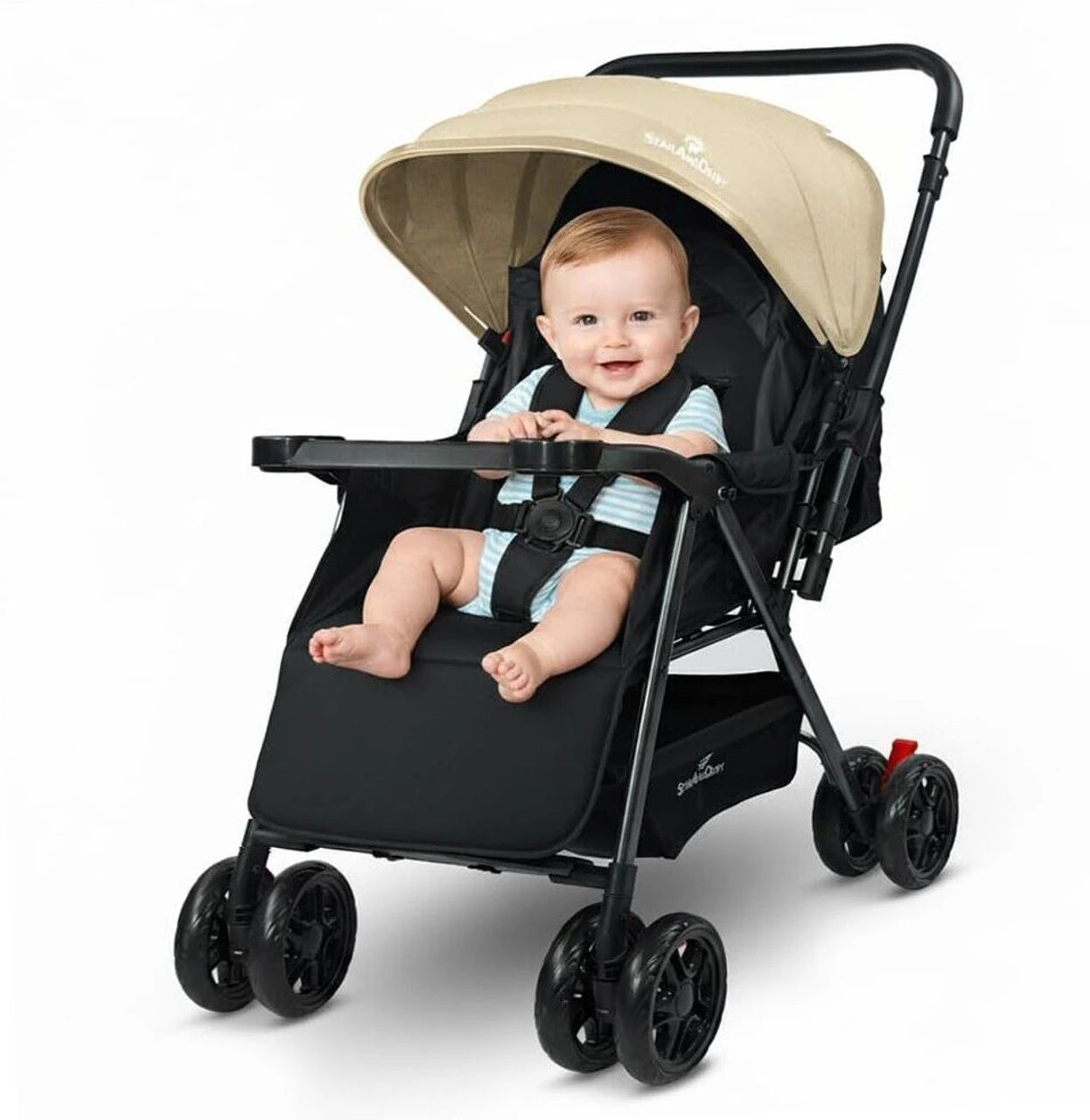 StarAndDaisy Urban Tot Baby Stroller with Reversible Handle | Foldable Baby Pram with Four-Wheel Brakes, Adjustable Canopy with Mosquito Net, Food Tray & Reclining Seat for Newborns to Toddlers