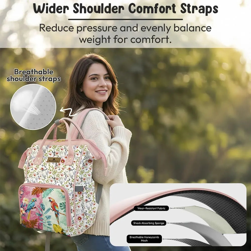 Floral Baby Diaper Bag Backpack with Jungle Animal Front Pocket | Large Capacity Water-Resistant Mommy Travel Bag with Insulated Bottle Pockets & Multiple Compartments