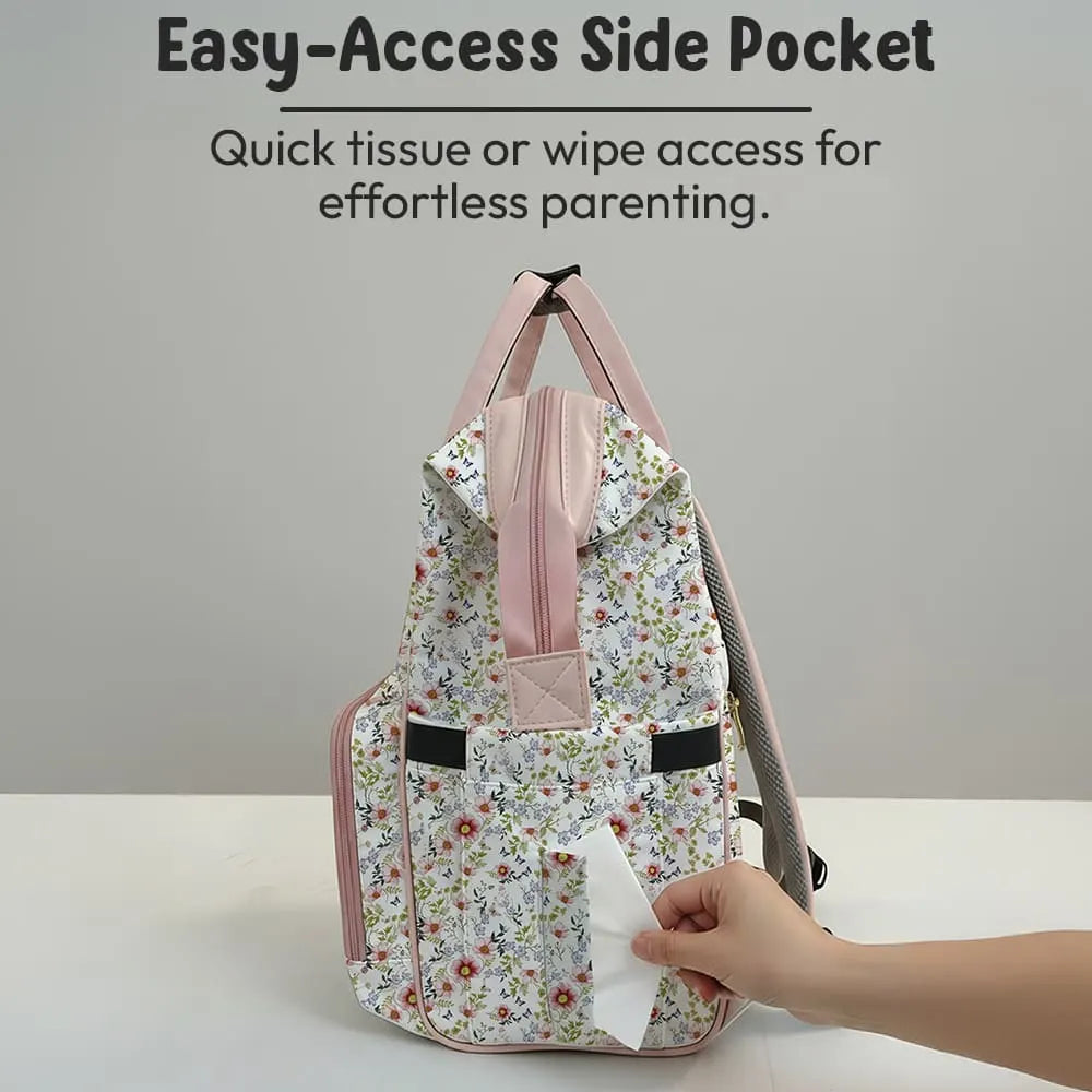 Floral Baby Diaper Bag Backpack with Jungle Animal Front Pocket | Large Capacity Water-Resistant Mommy Travel Bag with Insulated Bottle Pockets & Multiple Compartments