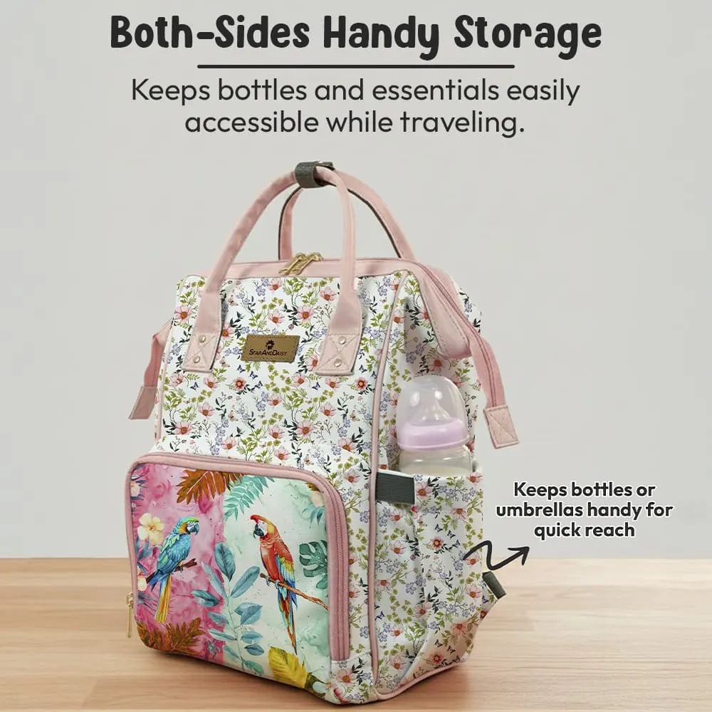 Floral Baby Diaper Bag Backpack with Jungle Animal Front Pocket | Large Capacity Water-Resistant Mommy Travel Bag with Insulated Bottle Pockets & Multiple Compartments