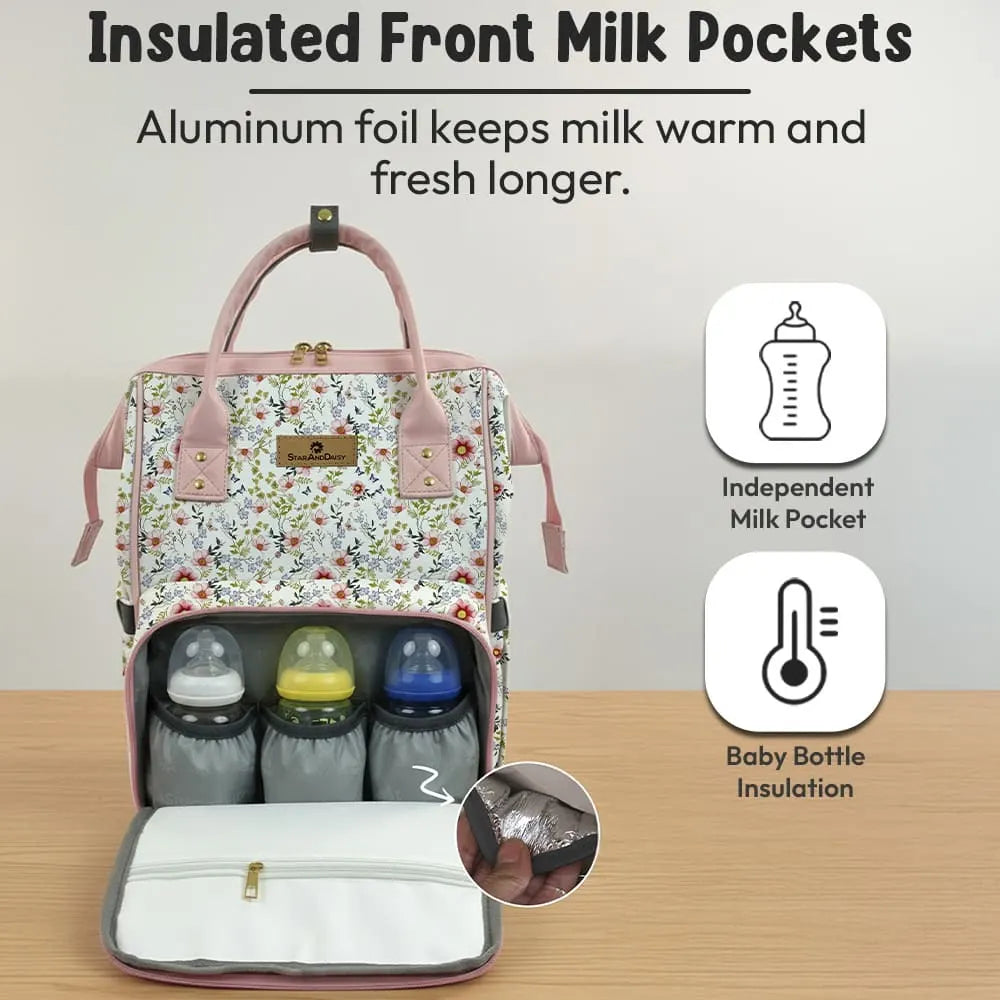 Floral Baby Diaper Bag Backpack with Jungle Animal Front Pocket | Large Capacity Water-Resistant Mommy Travel Bag with Insulated Bottle Pockets & Multiple Compartments