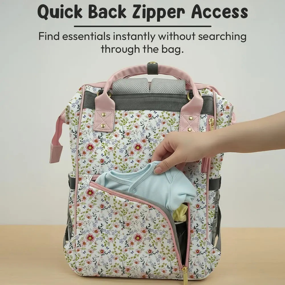 Floral Baby Diaper Bag Backpack with Jungle Animal Front Pocket | Large Capacity Water-Resistant Mommy Travel Bag with Insulated Bottle Pockets & Multiple Compartments