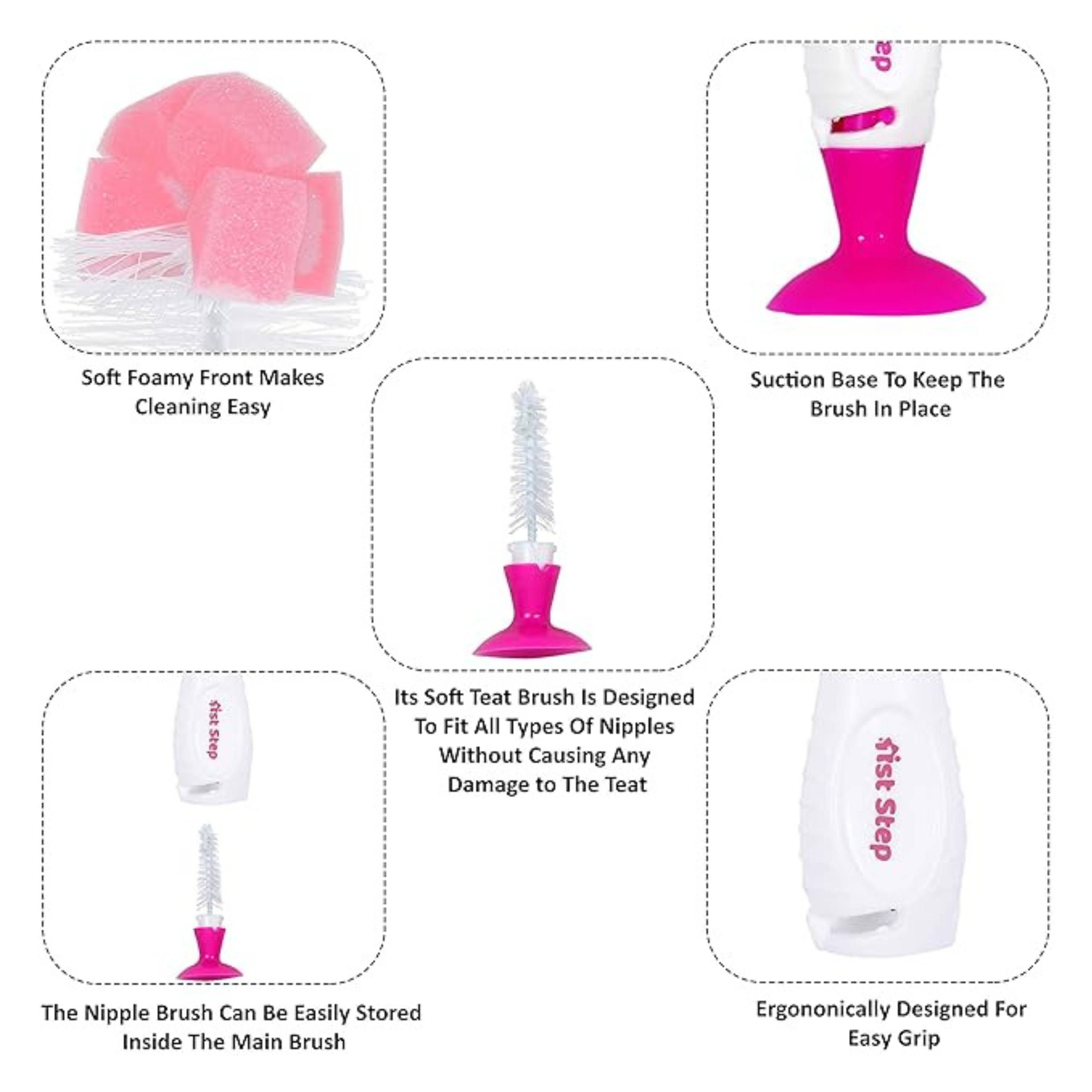 1st Step BPA Free 2 in 1 Bottle & Nipple Cleaning Brush with Suction Base | Nylon Bristles Baby Feeding Bottle Cleaner