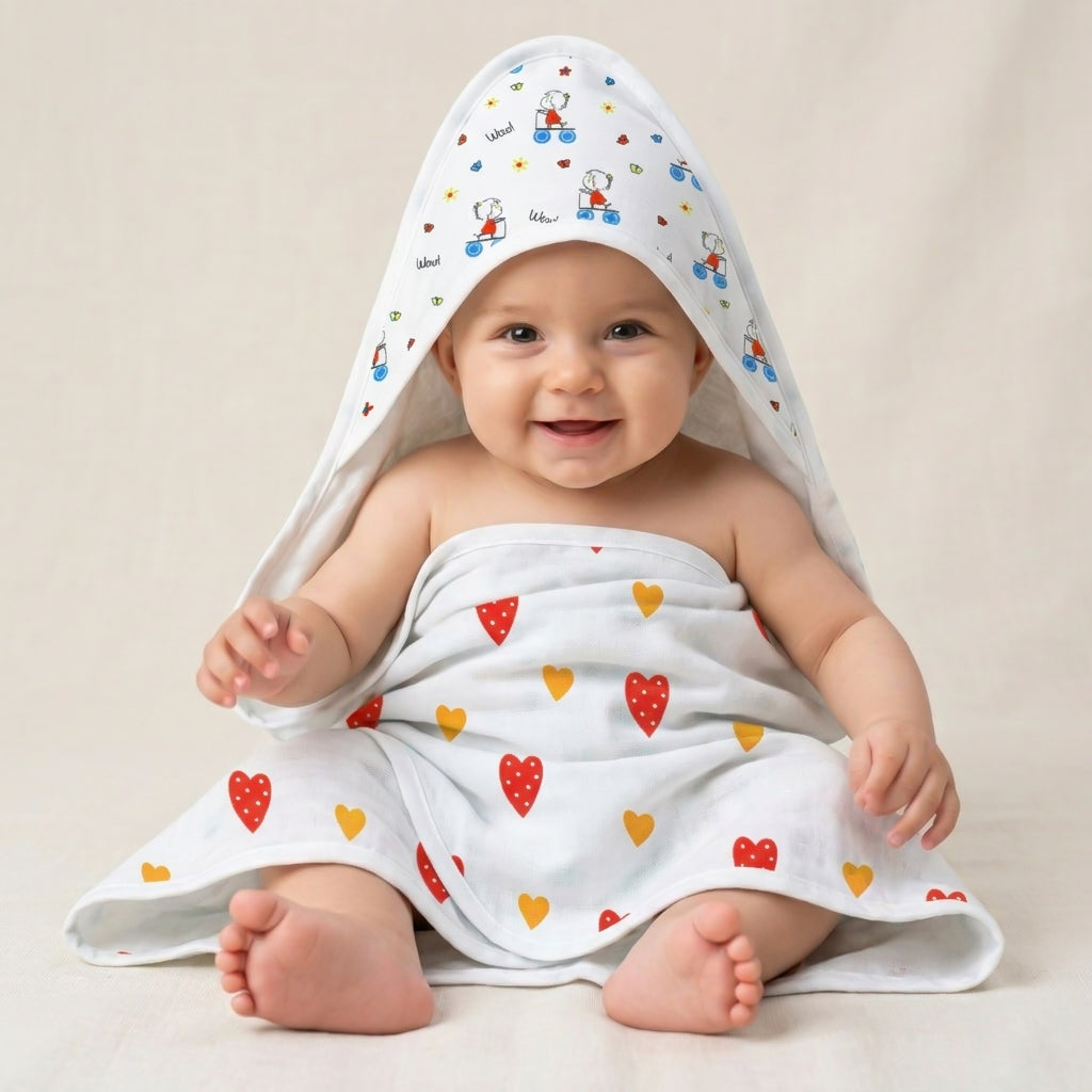 Muslin Baby Hooded Towel 75x75 cm – Ultra Soft Cotton Muslin Newborn Bath Towel with Hood | Lightweight, Breathable & Gentle