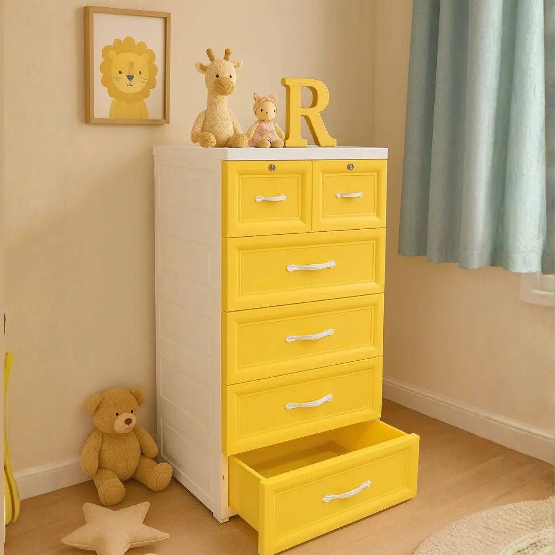 Yellow Colour Kids Wardrobe / Storage Cabinet / Portable Almirah with Drawers & Convertible (Material Plastic) babee D