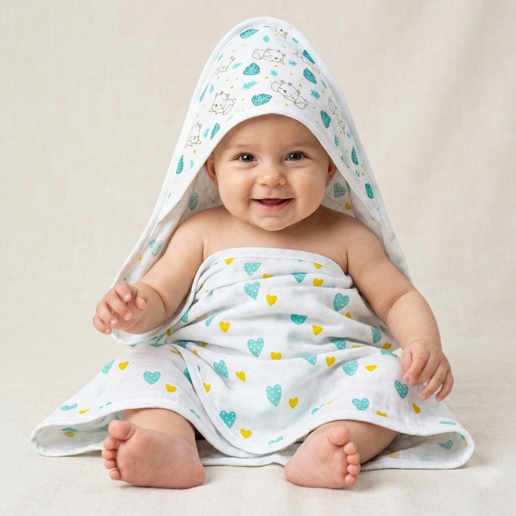 Muslin Baby Hooded Towel 75x75 cm – Ultra Soft Cotton Muslin Newborn Bath Towel with Hood | Lightweight, Breathable & Gentle