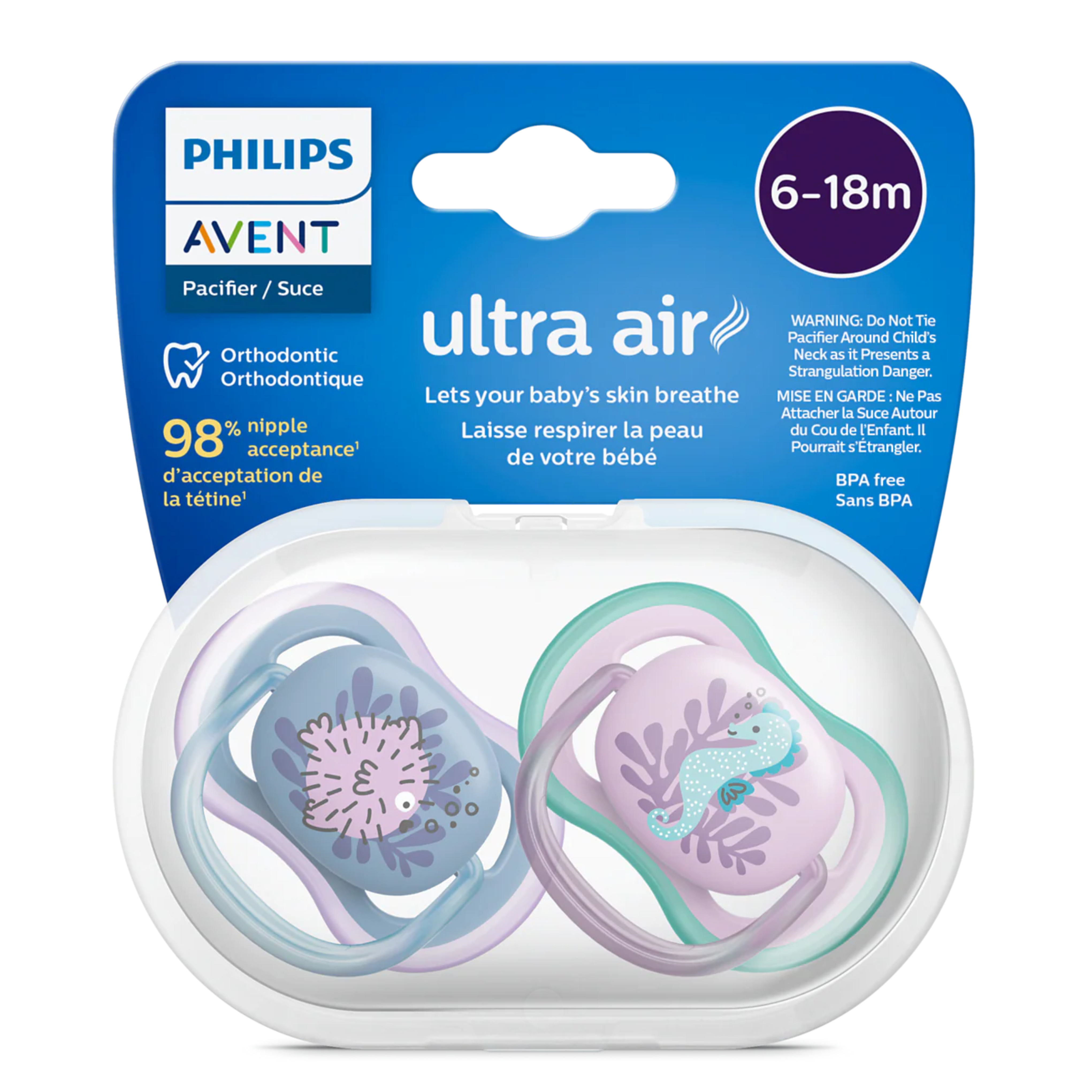 Philips Avent Ultra Air Soother 6-18 Months | Lightweight & Breathable Baby Pacifier for Babies | BPA Free Silicone Nipple (2 Pack)