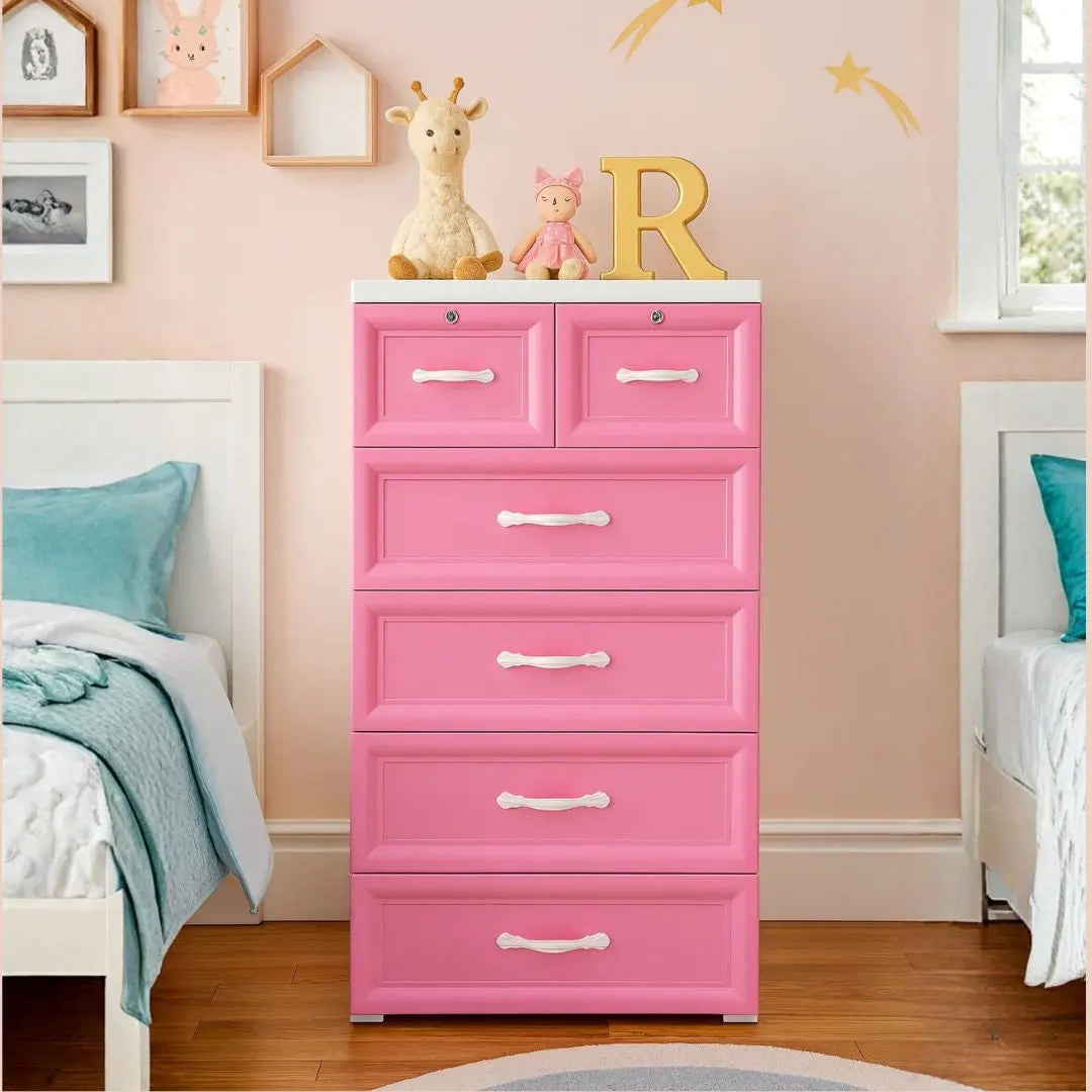 Kids Wardrobe Pink | Portable Plastic Almirah with 4 Drawers & 2 Lockers | Children Storage Cabinet