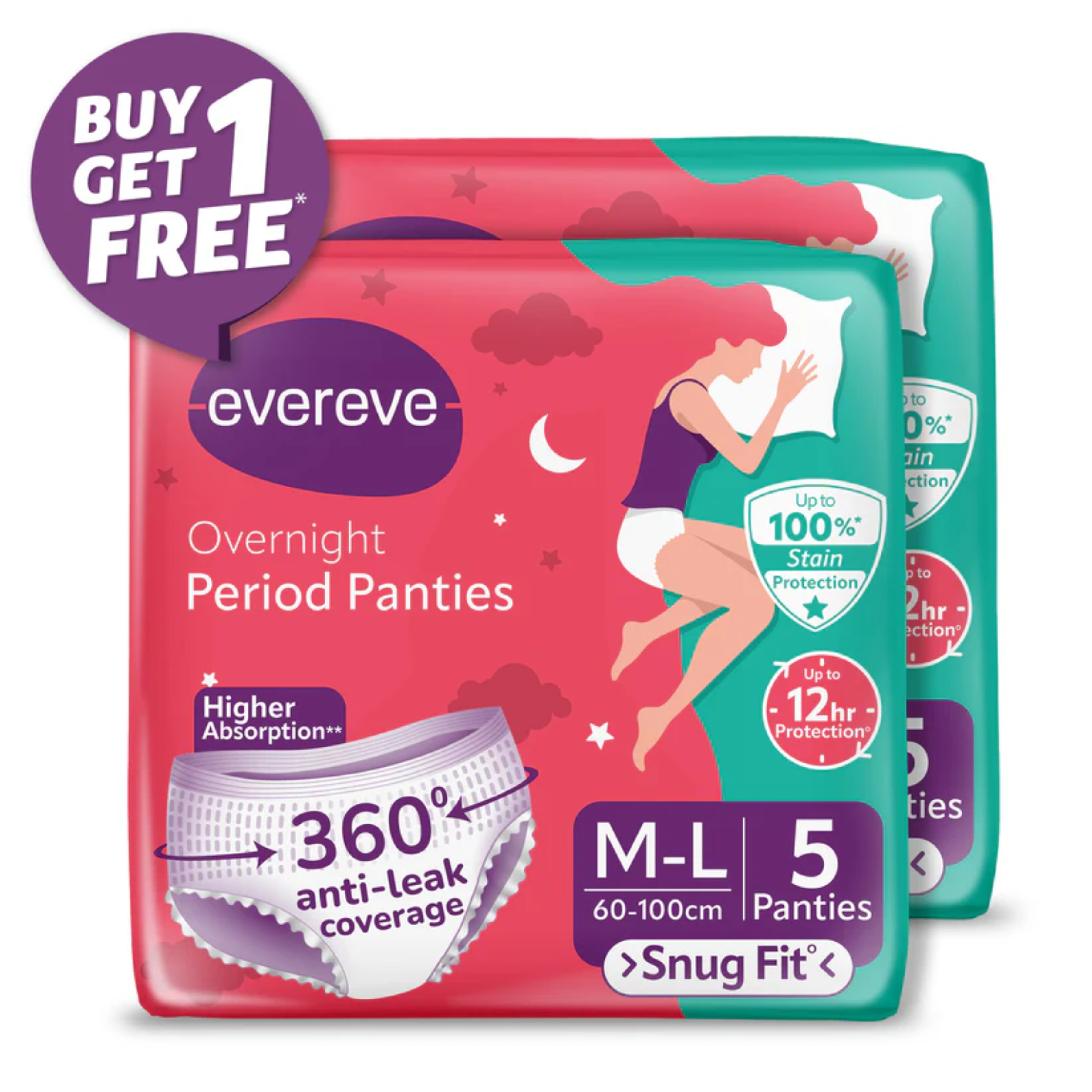 Overnight Period Panties M-L Size (Pack of 5) Buy 1 Get 1 Free | Leak-Proof Heavy Flow Menstrual Underwear | Reusable & Comfortable