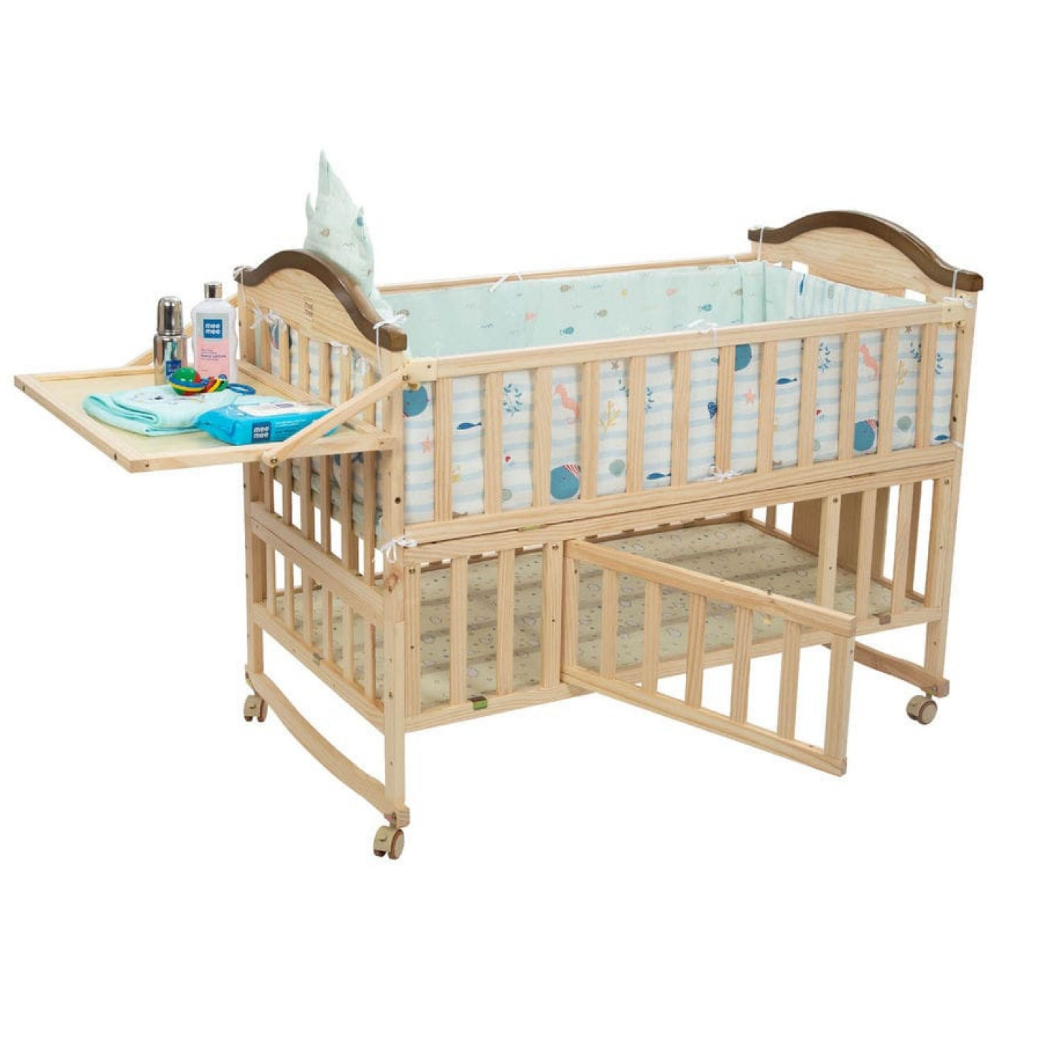 Mee Mee Beige 12 in 1 Wooden Multi-Feature Baby Cot | Convertible Baby Crib with Storage & Adjustable Height | Newborn to Toddler Bed