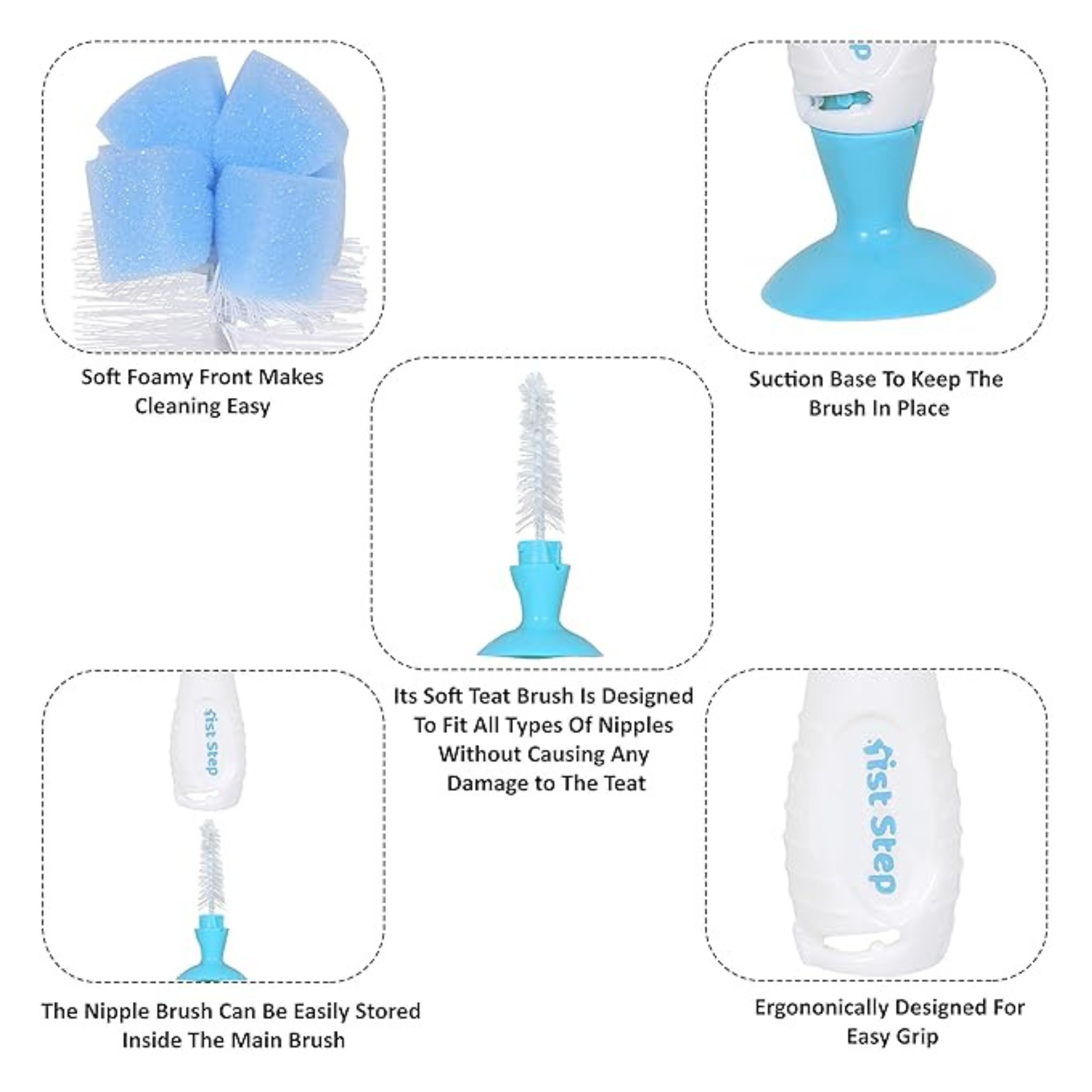 1st Step BPA Free 2 in 1 Bottle & Nipple Cleaning Brush with Suction Base | Nylon Bristles Baby Feeding Bottle Cleaner (Copy)