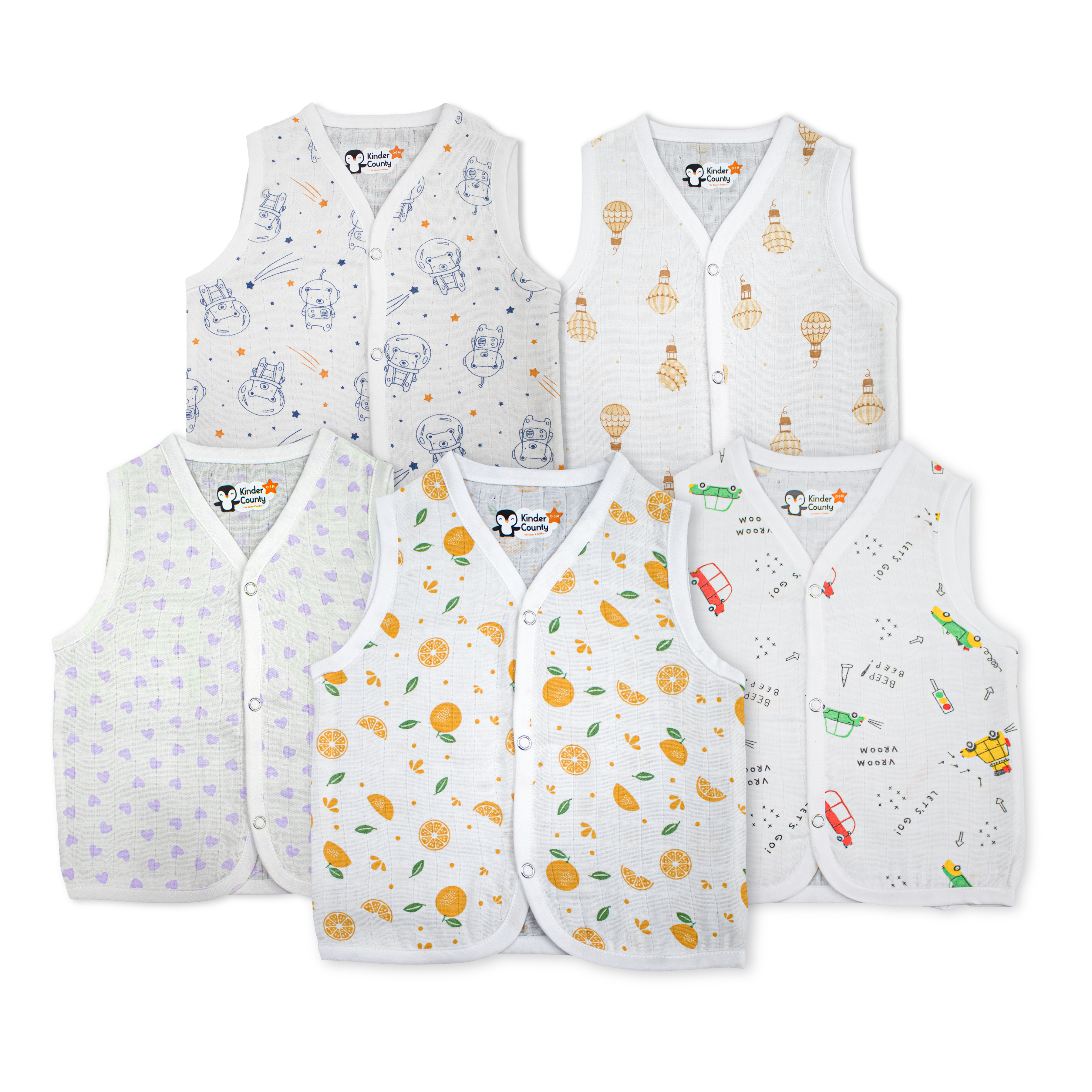 Muslin Front Button Baby Jabla | Soft Cotton Muslin Newborn Tops | Breathable Button Type Baby Wear Set  (Combo of 5)