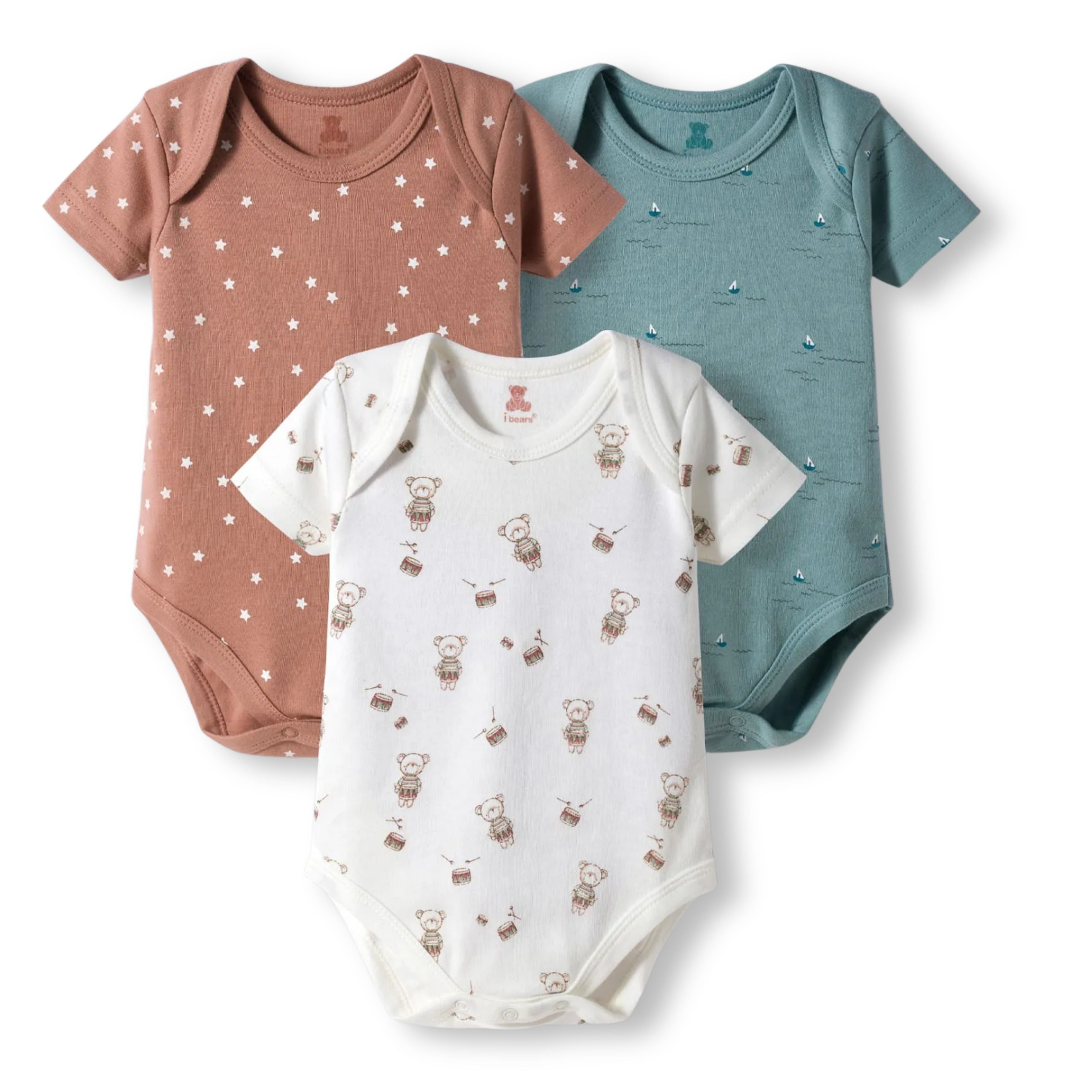 I Bears Interlock Knit Half Sleeves Onesies Combo Pack of 3 | Soft Cotton Baby Bodysuit for Newborns & Infants | Comfortable Daily Wear