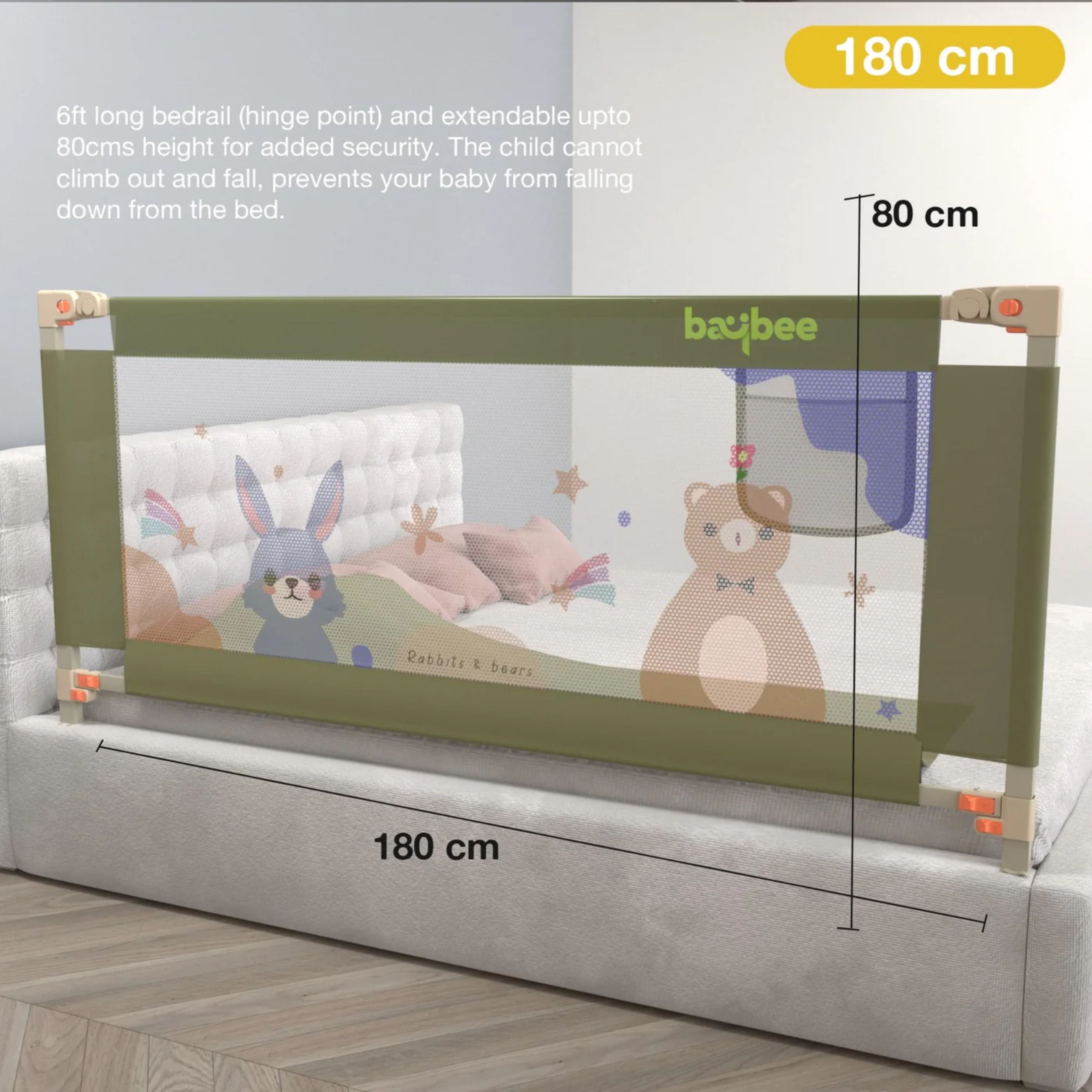 Baby Bed Rail Guard for Toddlers Safety (180 x 80 cm) – Foldable Bed Safety Guard with Breathable Mesh, Strong Frame & Easy Installation for Kids Protection