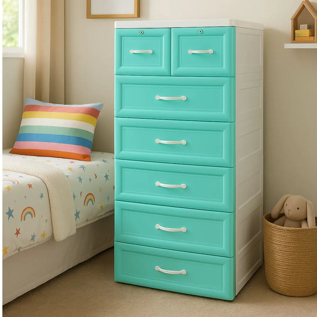 Kids Wardrobe Green | Portable Plastic Almirah with 5 Drawers & 2 Lockers | Children Storage Cabinet