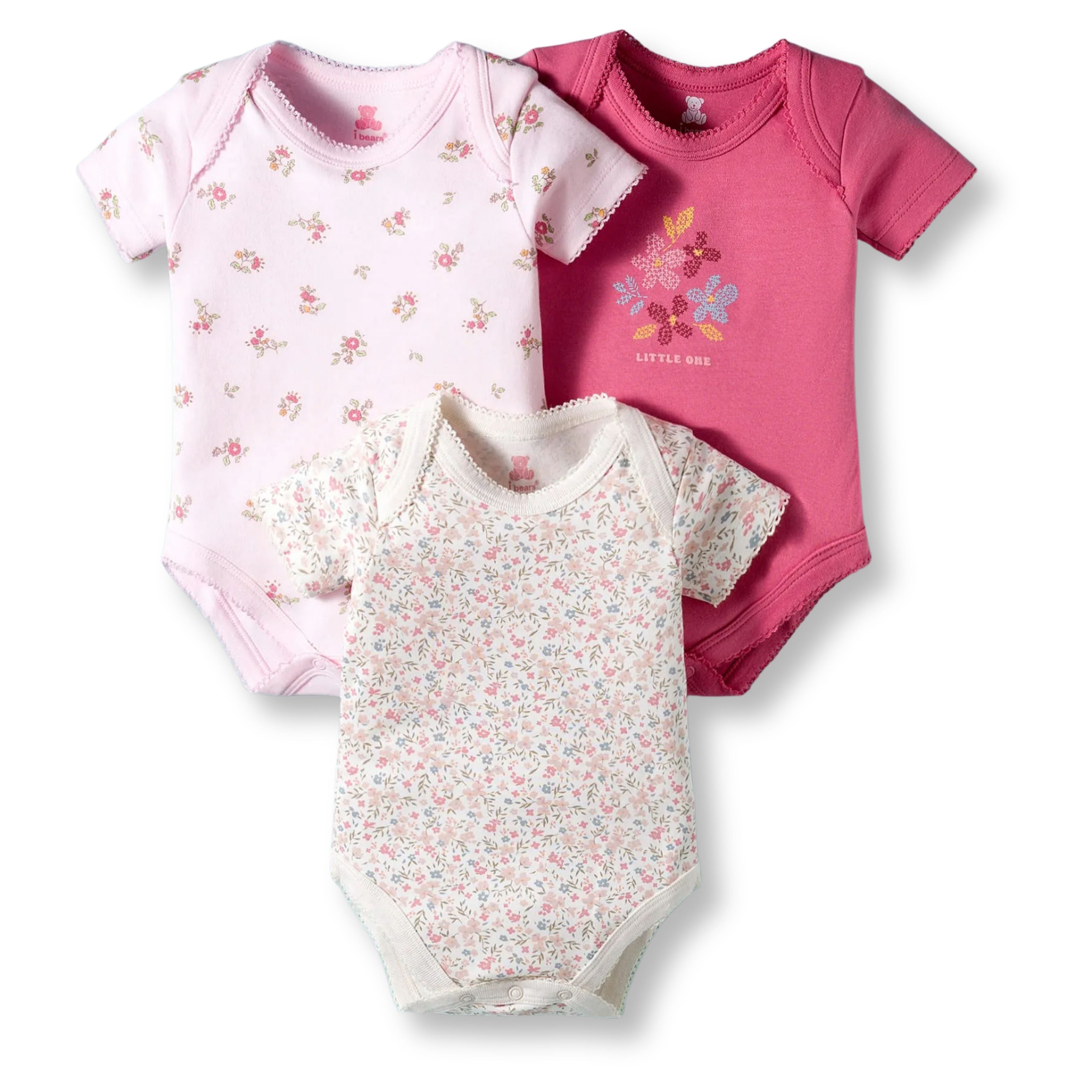 I Bears Interlock Knit Half Sleeves Onesies Combo Pack of 3 | Soft Cotton Baby Bodysuit for Newborns & Infants | Comfortable Daily Wear