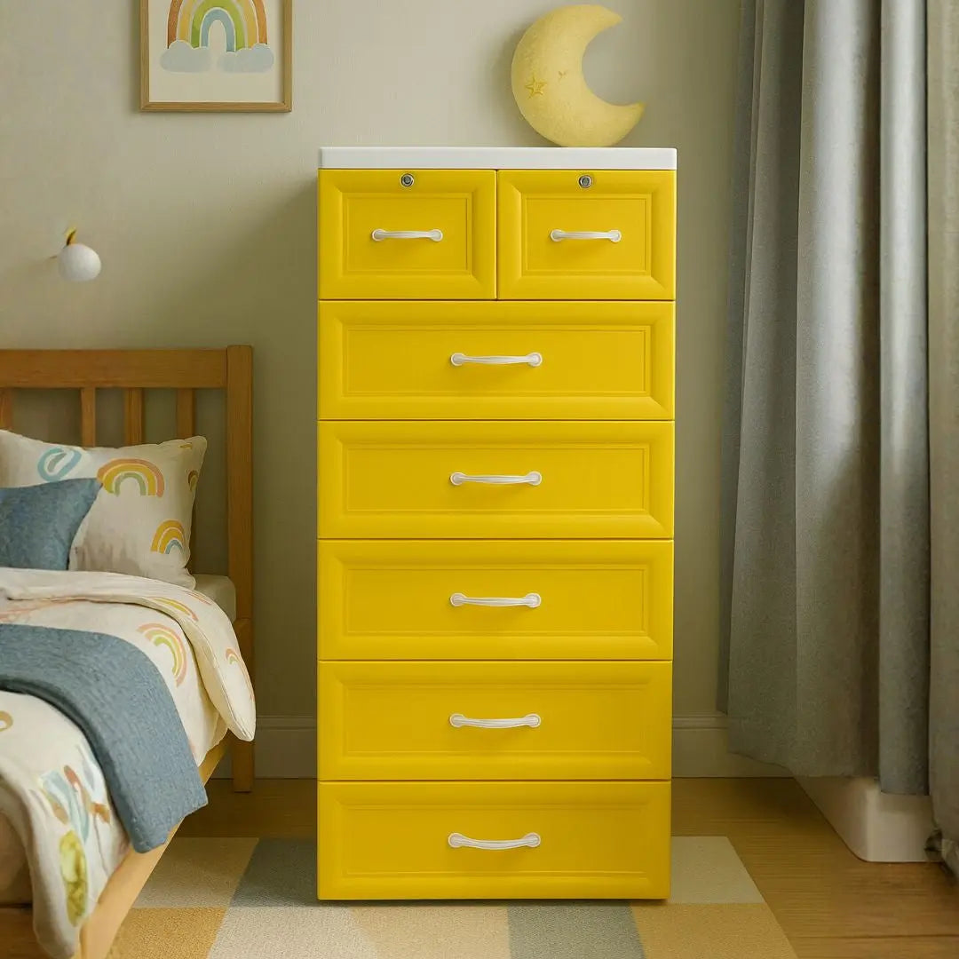 Kids Wardrobe Yellow | Portable Plastic Almirah with 5 Drawers & 2 Lockers | Children Storage Cabinet