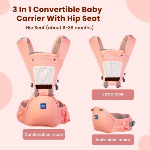 8-in-1 Ergonomic Baby Carrier with Detachable Hip Seat | Convertible Soft Kangaroo Carrier with Lumbar Support | Adjustable Waist Belt | 9–48 Months | Up to 16 kg | Pink
