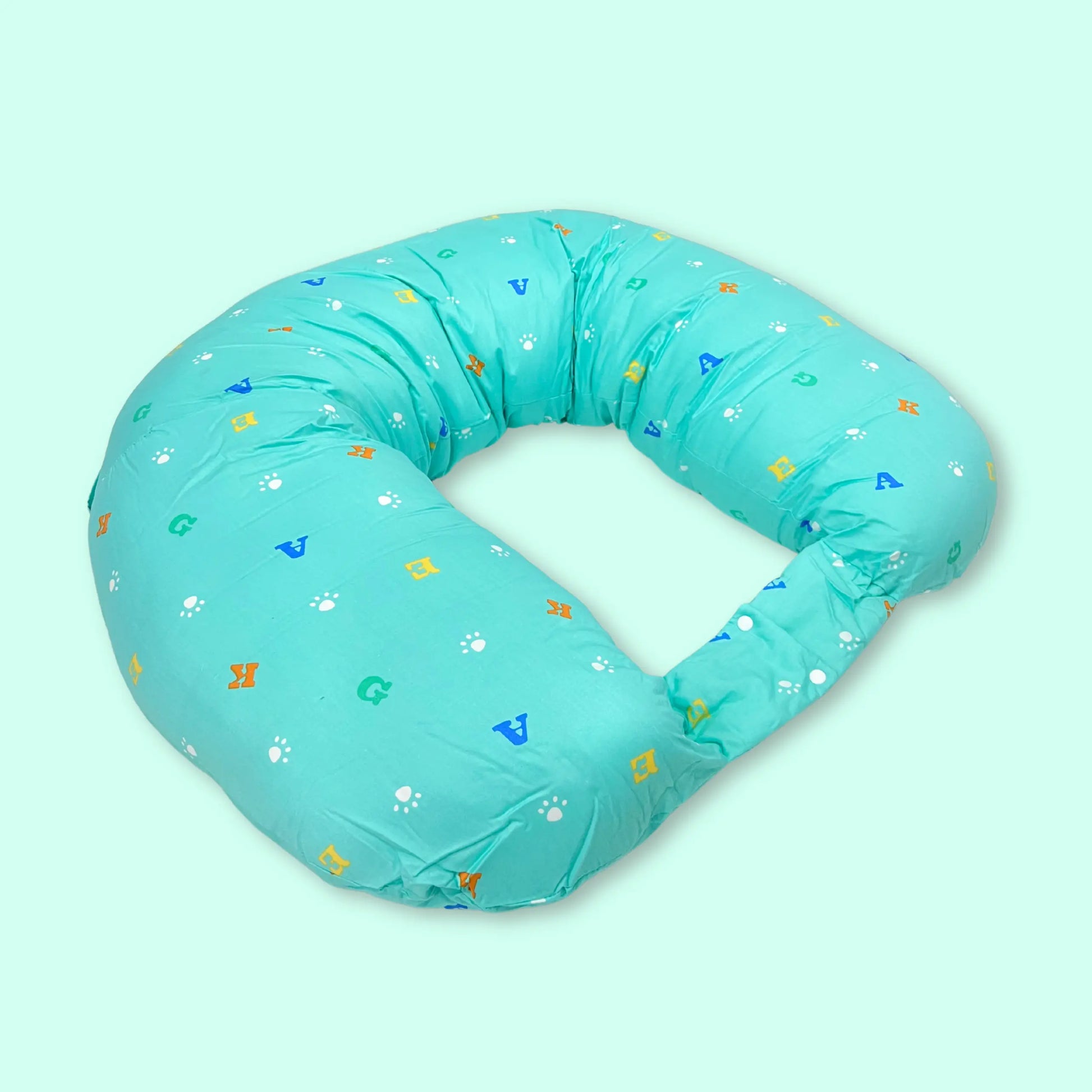 Breast Feeding & Nursing Pillow with Buckle Adjustment with support button and also used as a pregnancy pillow 100% Organic Cotton - Alphabets green babee D