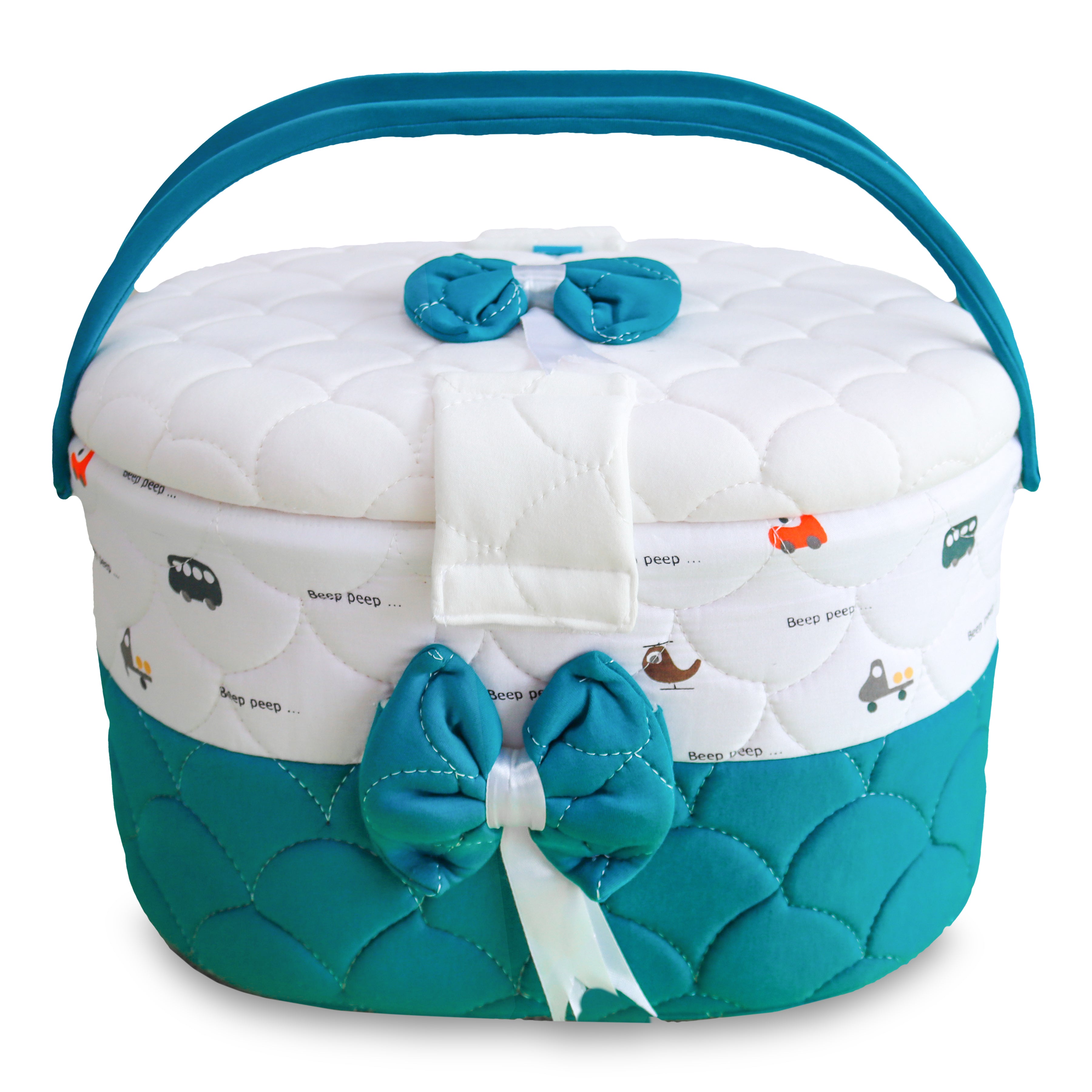 Premium Baby Storage Basket with Handle & Cute Vehicle Print | Quilted Nursery Organizer