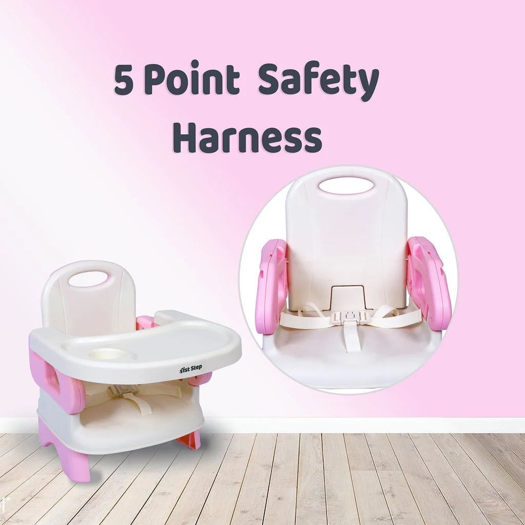 1st Step 2 in 1 Portable Booster Seat Cum Feeding Chair with 2 Level Height Adjustment and 5 Point Safety Harness (Pink)