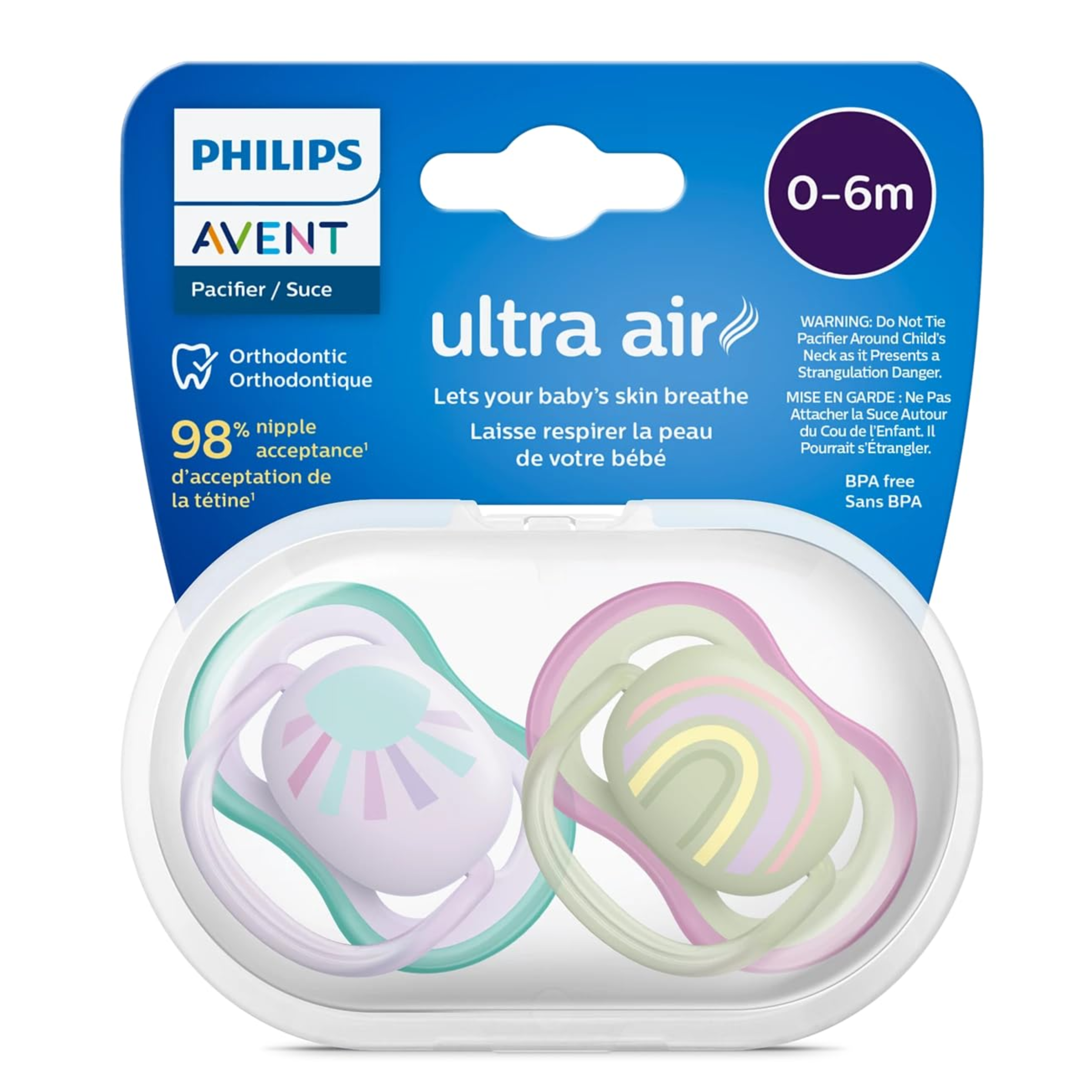 Philips Avent Ultra Air Baby Soother 0-6 Months | Lightweight Breathable Pacifier for Newborn Babies | BPA Free Silicone Nipple (Pack of 2)