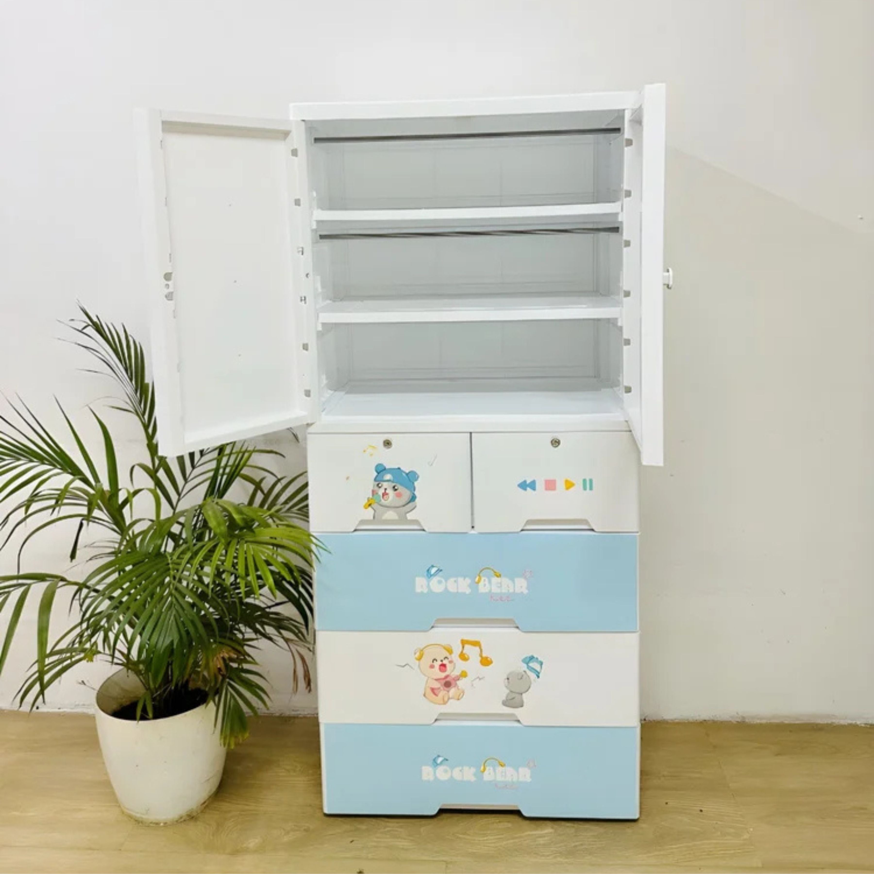 Kids Wardrobe Organizer| Multi-Layer Baby Clothes Storage Cabinet with Shelves | Space Saving Kids Storage Wardrobe(70x38x156 cm) Model No.7025(Rock Bear) A