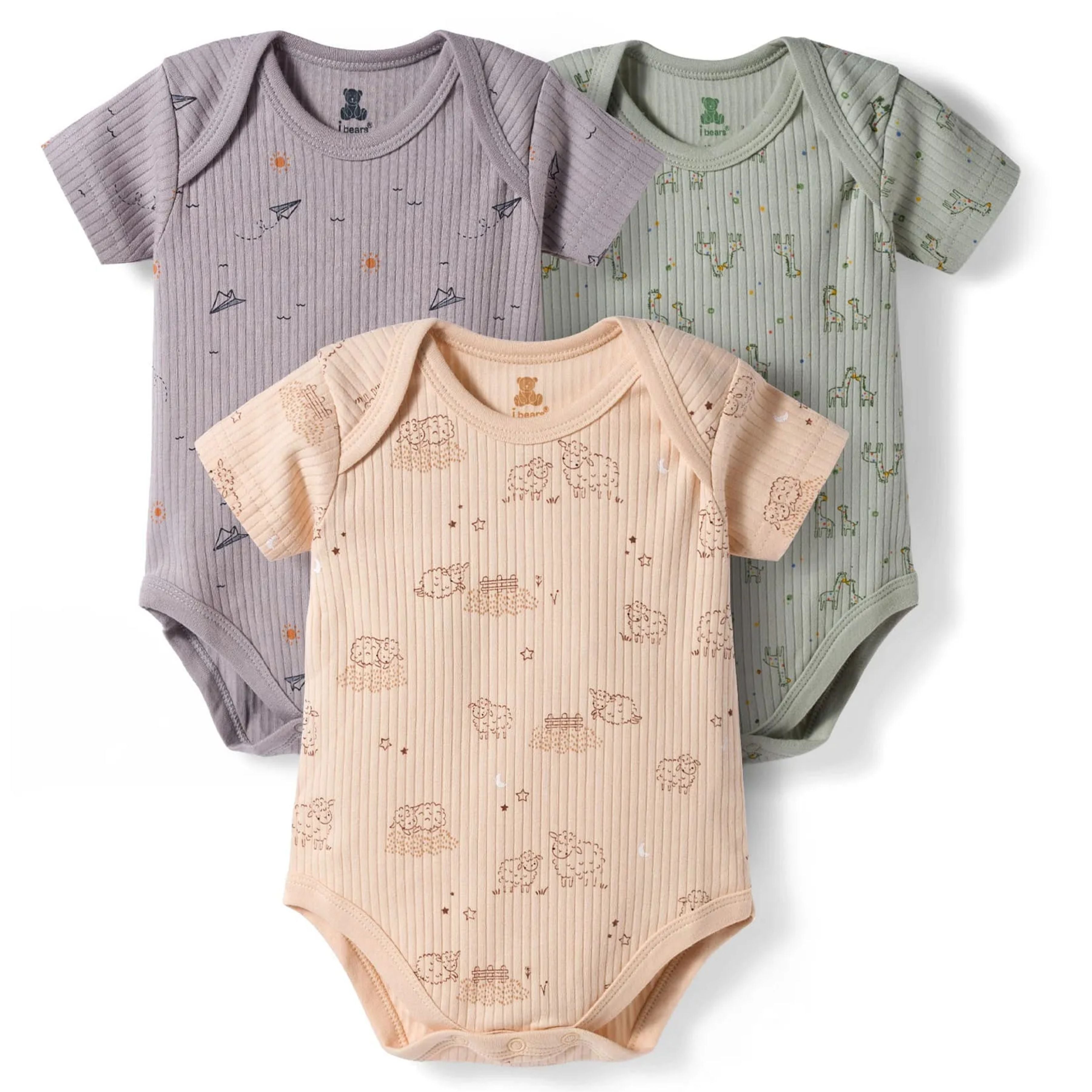 I Bears Interlock Knit Half Sleeves Onesies Combo Pack of 3 | Soft Cotton Baby Bodysuit for Newborns & Infants | Comfortable Daily Wear