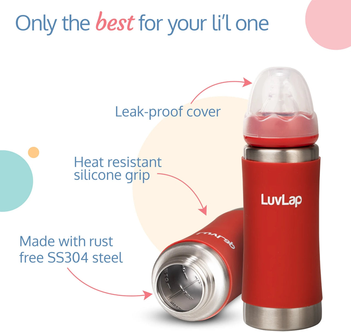 LuvLap 4-in-1 Stainless Steel Baby Bottle Sipper 240ml | SS304 Rust-Free Feeding Bottle for Babies 3M+ – Red (Copy)