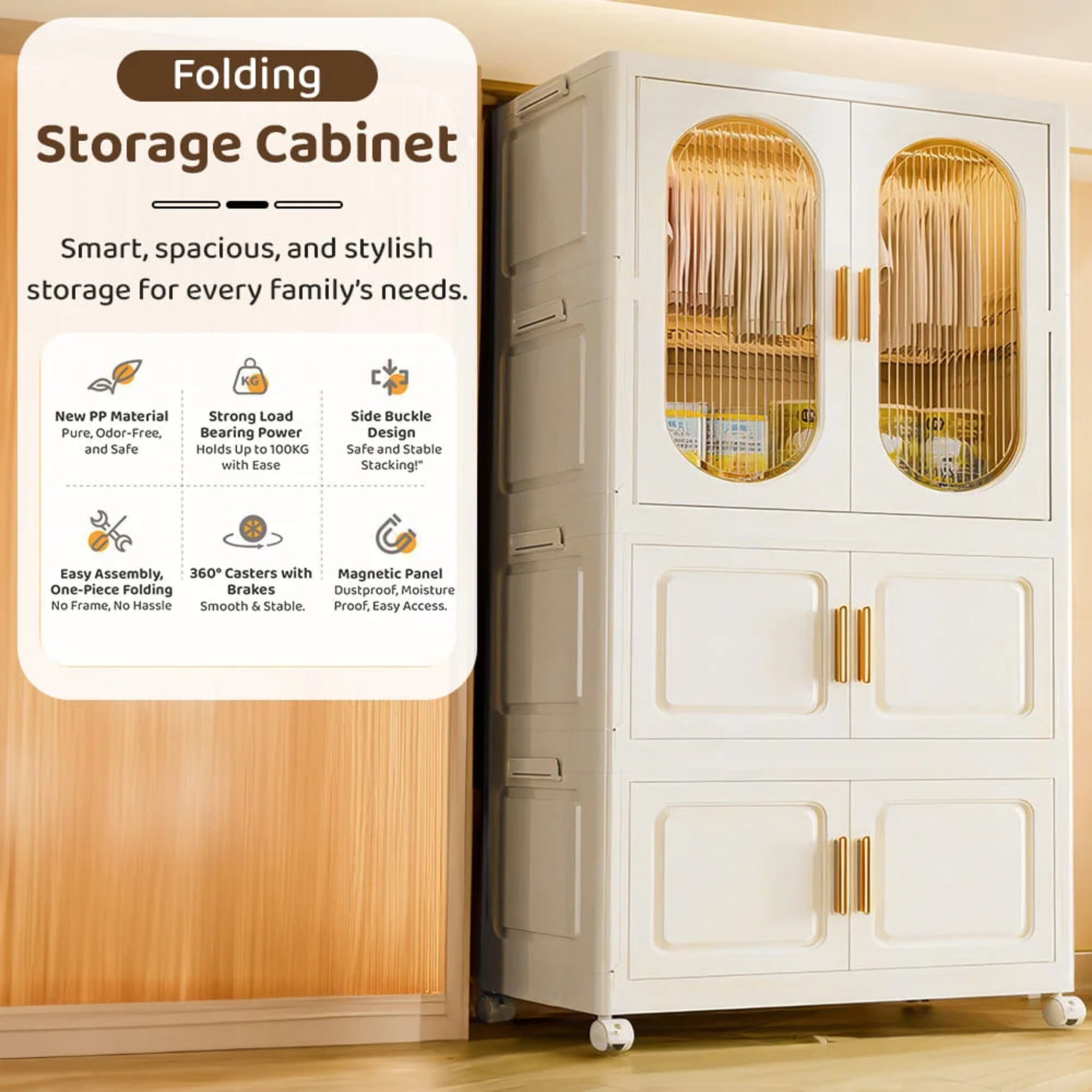 Multifunctional Plastic Storage Cabinets, Dust-proof  Foldable Wardrobe Storage Cabinet for Cloths and Toys – White and Transparent