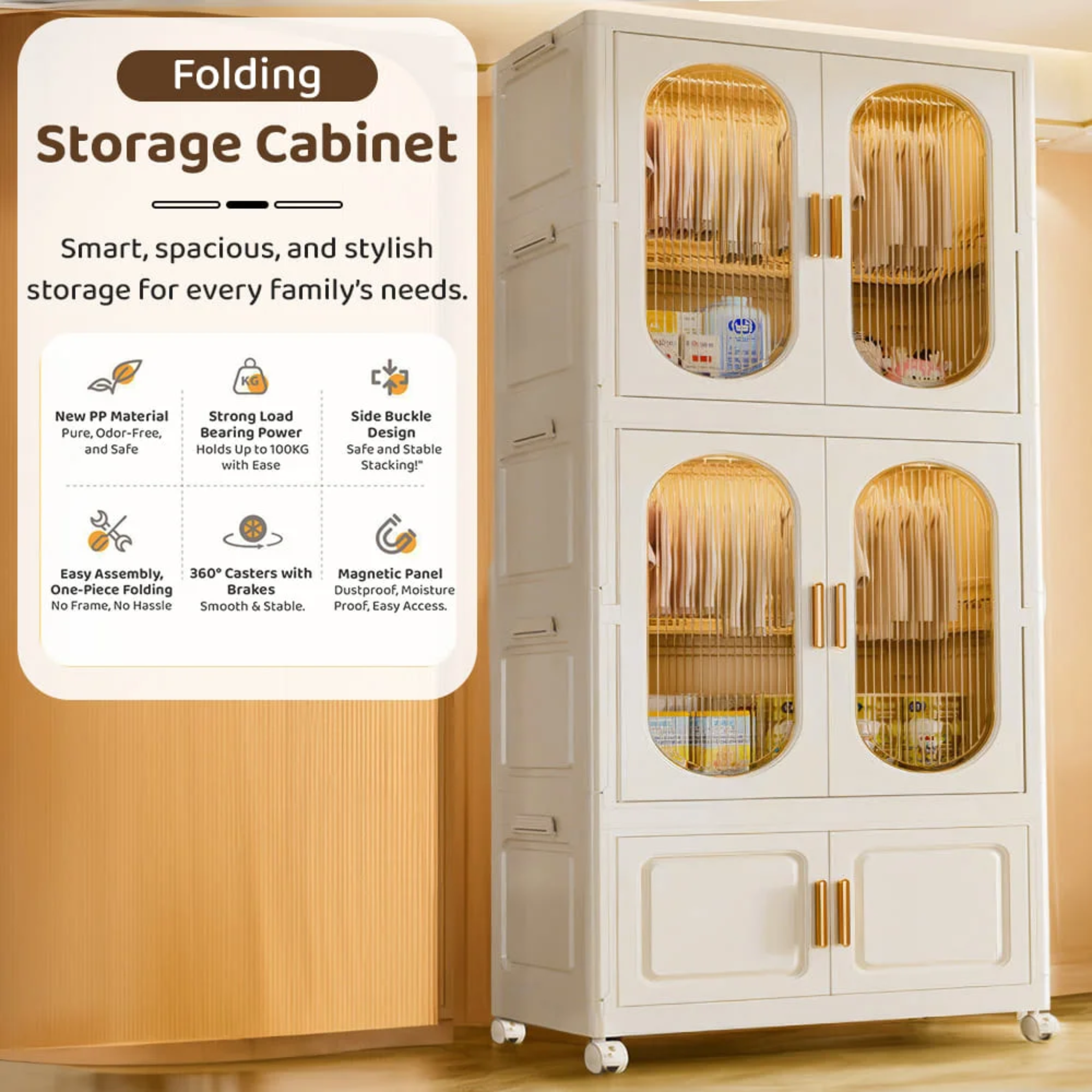 Multifunctional Plastic Storage Cabinets, Dust-proof  Foldable Wardrobe Storage Cabinet for Cloths and Toys – White and Transparent