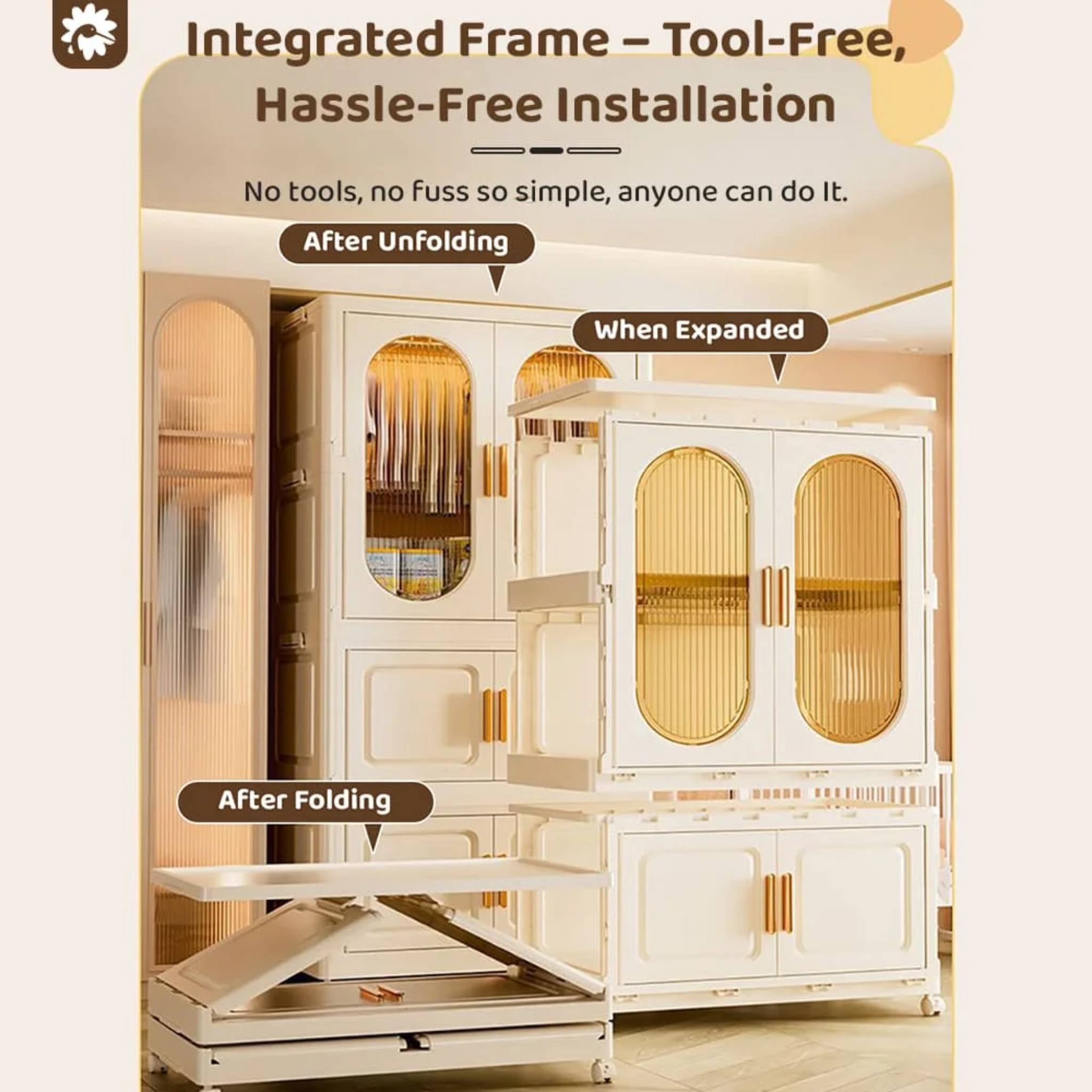 Multifunctional Plastic Storage Cabinets, Dust-proof  Foldable Wardrobe Storage Cabinet for Cloths and Toys – White and Transparent