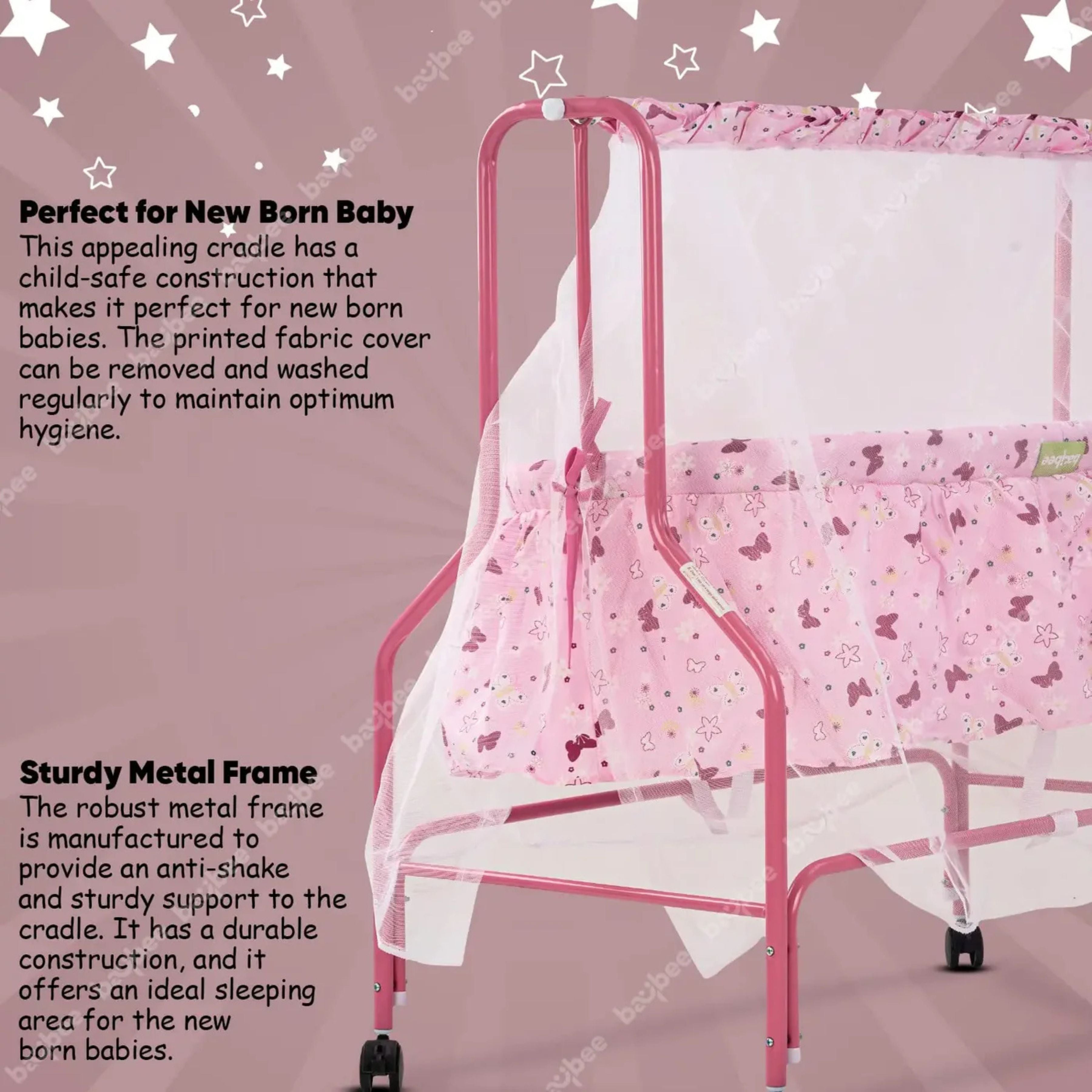 Baybee Enchant Baby Swing Cradle for Baby – Baby Cradle Swing Jhula with Mosquito Net, Storage Basket & Wheels | Newborn to 12 Months