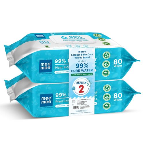 Mee Mee Pure Water Baby Wet Wipes with Lid | Unscented & Plant-Derived | Super Thick & Gentle | 80 Wipes × 2 (160 Wipes)