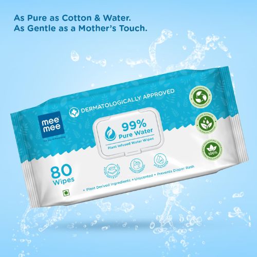 Mee Mee Pure Water Baby Wet Wipes with Lid | Unscented & Plant-Derived | Super Thick & Gentle | 80 Wipes × 2 (160 Wipes)