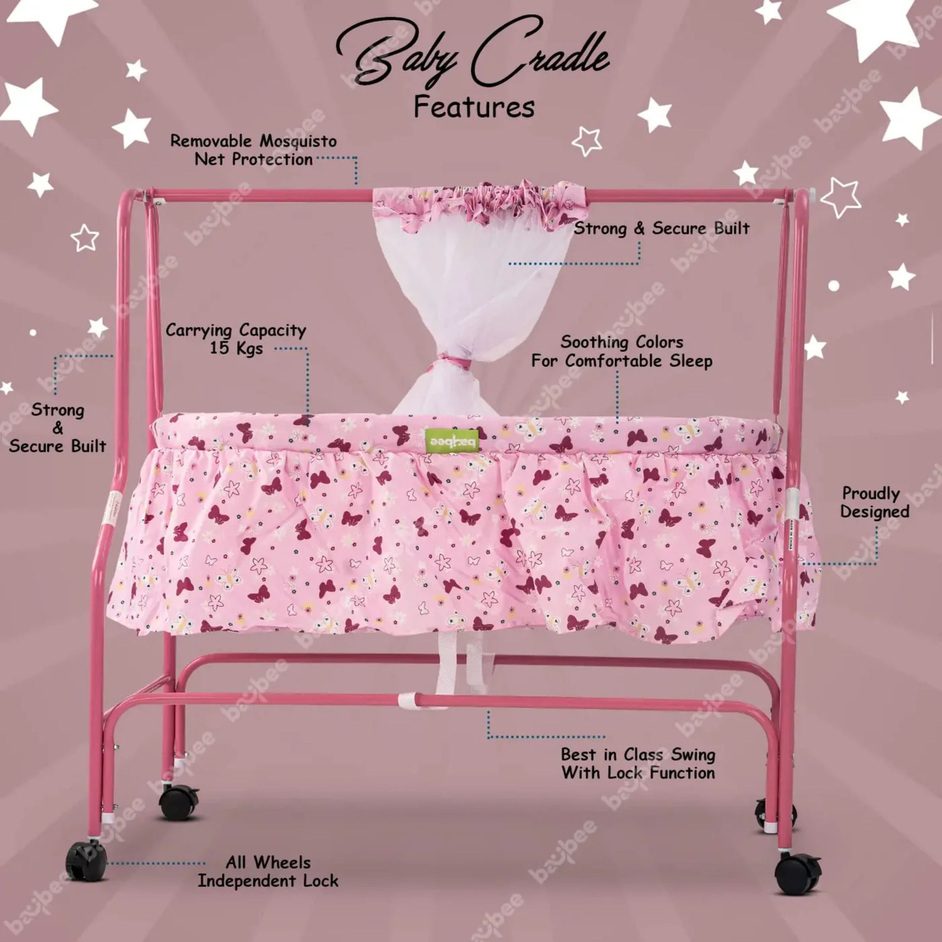 Baybee Enchant Baby Swing Cradle for Baby – Baby Cradle Swing Jhula with Mosquito Net, Storage Basket & Wheels | Newborn to 12 Months