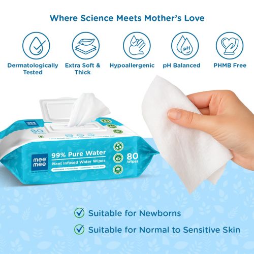 Mee Mee Pure Water Baby Wet Wipes with Lid | Unscented & Plant-Derived | Super Thick & Gentle | 80 Wipes × 2 (160 Wipes)