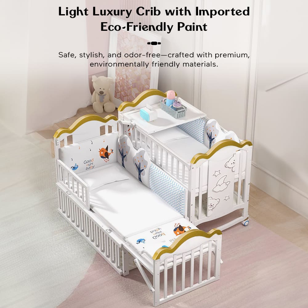 12 in 1 Baby Wooden Cot with Mattress, Convertible Baby Bed with Mosquito Net & Adjustable Stand – White