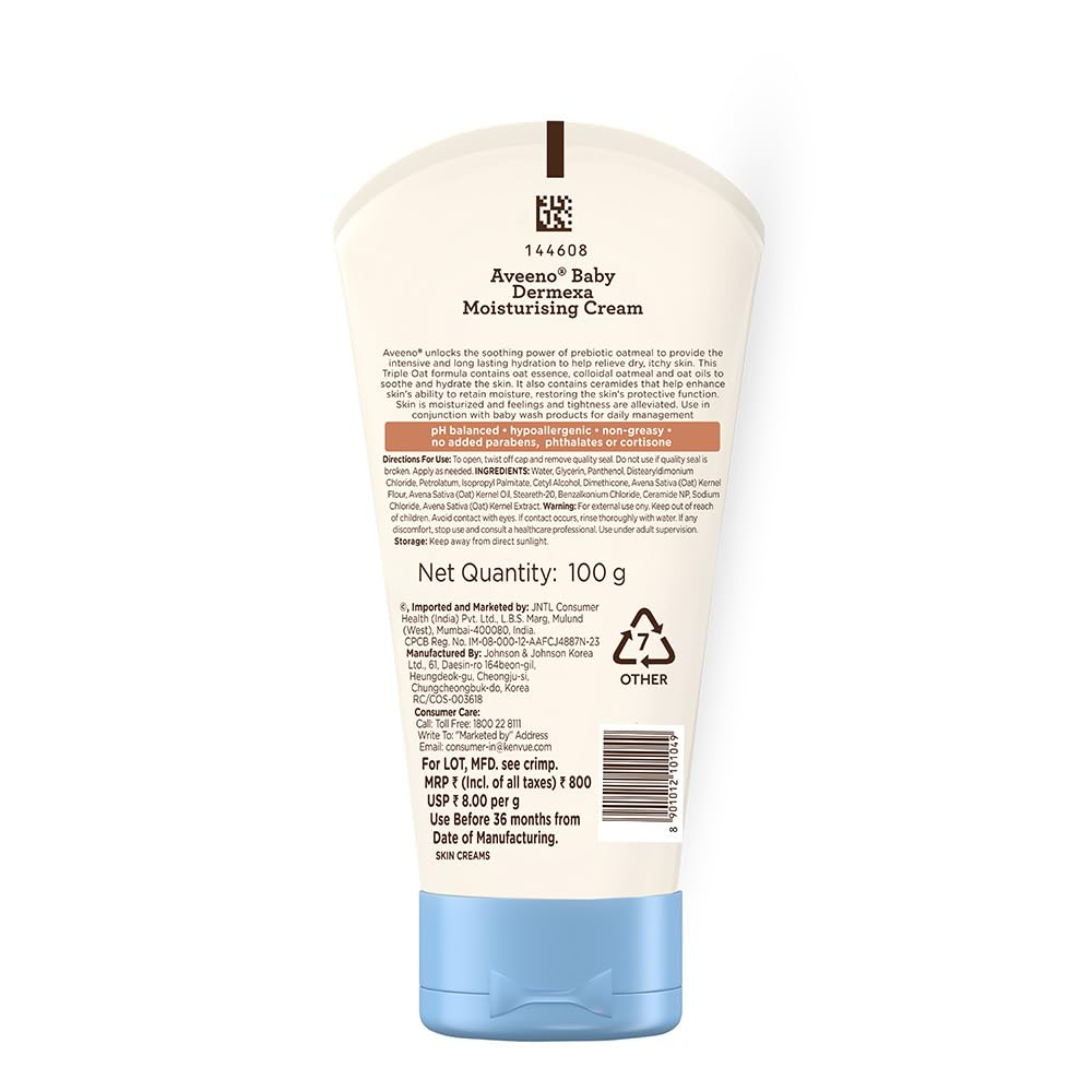 Aveeno Baby Dermexa Moisturising Cream with Prebiotic Triple Oat Complex & Ceramides | Soothes Dry, Itchy & Sensitive Baby Skin  - 100g