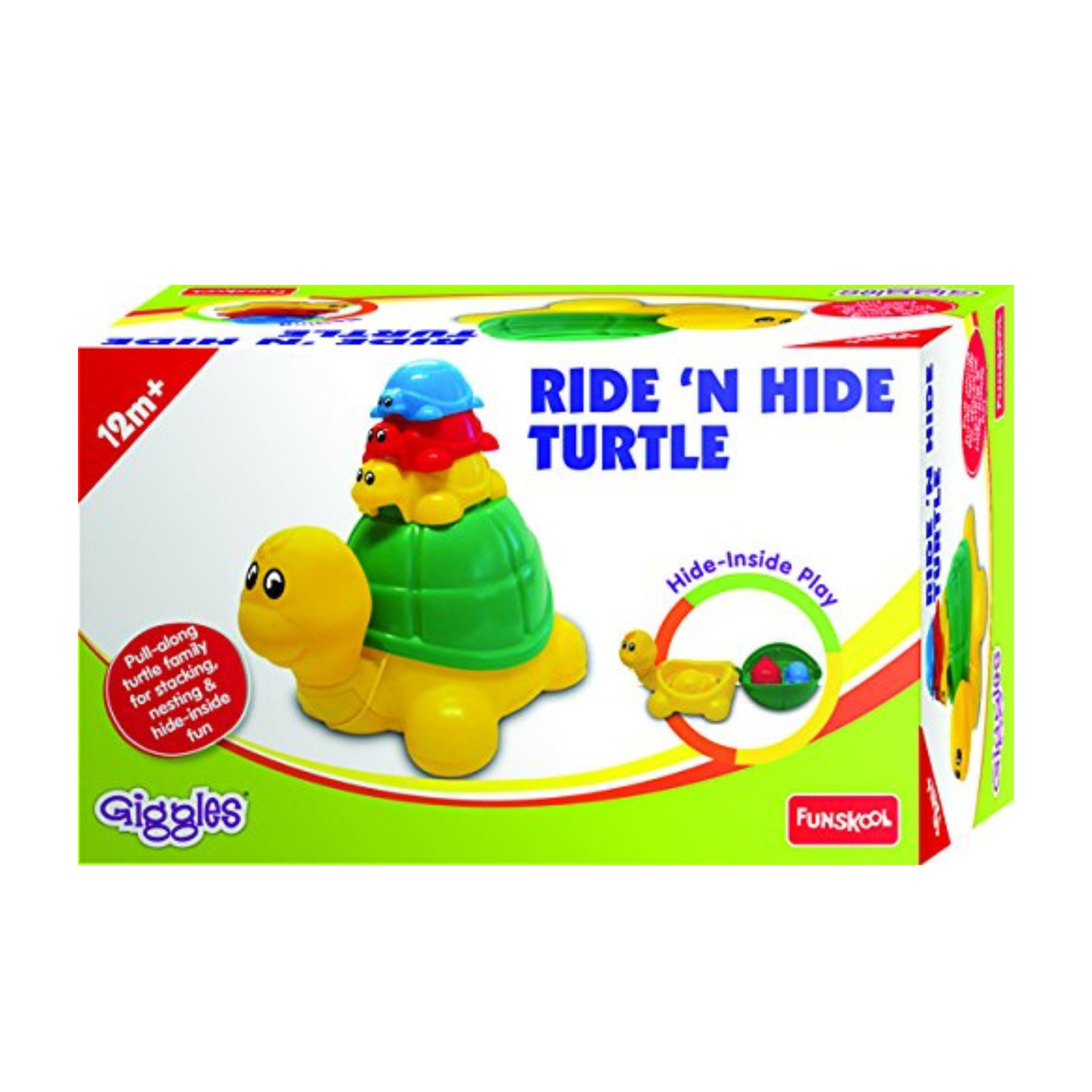 Click to see full view Funskool Giggles, Ride N Hide Turtle, Pull Along Toy, Encourages Walking, Funny Walking Style, 12 Months & Above, Infant and Preschool Toys, Multicolor