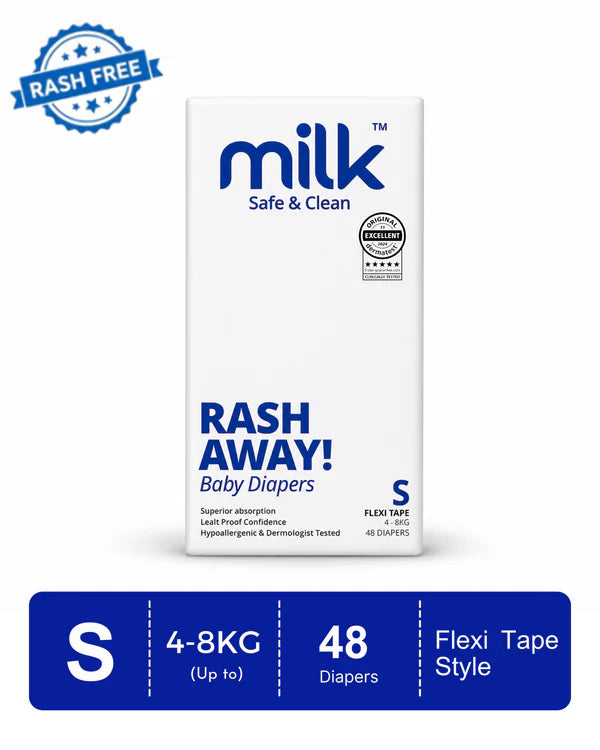 MILK Safe & Clean Baby Diapers Flexi Tape S | Pack of 48 | Soft, Leak-Proof Disposable Diapers for Newborn Babies
