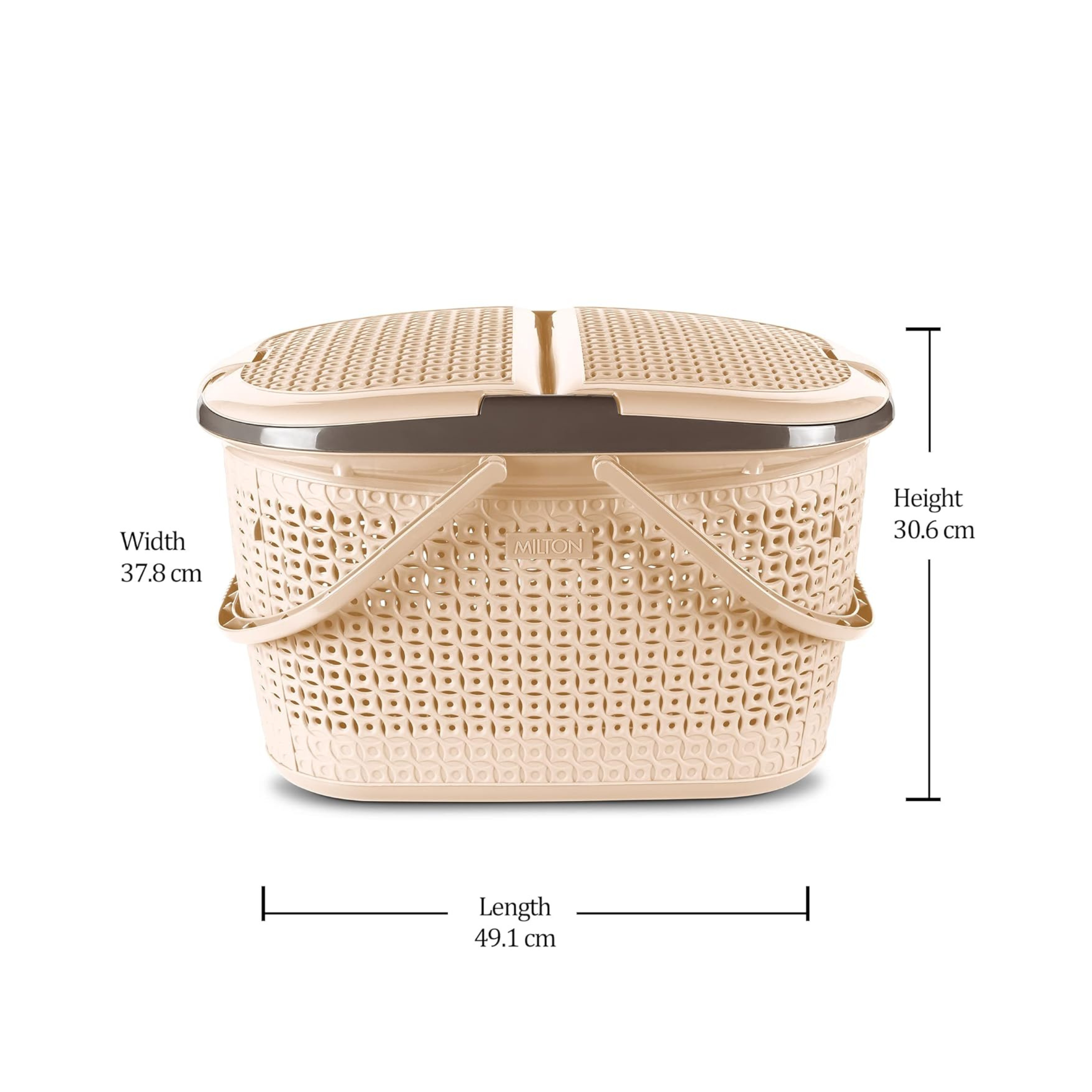 Milton Pluto Picnic Basket with Two Side Opening Lid and with Handles, 1 Piece, (49.1 x 37.8 x 30.6 cms) Ivory| Multipurpose | Toy | Clothes | Shopping | Accessories | Easy to Carry