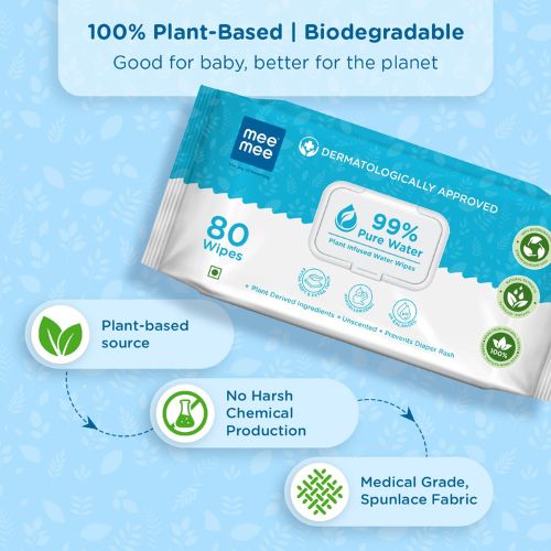 Mee Mee Pure Water Baby Wet Wipes with Lid | Unscented & Plant-Derived | Super Thick & Gentle | 80 Wipes × 2 (160 Wipes)