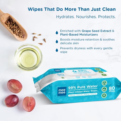 Mee Mee Pure Water Baby Wet Wipes with Lid | Unscented & Plant-Derived | Super Thick & Gentle | 80 Wipes × 2 (160 Wipes)