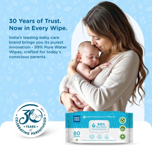Mee Mee Pure Water Baby Wet Wipes with Lid | Unscented & Plant-Derived | Super Thick & Gentle | 80 Wipes × 2 (160 Wipes)