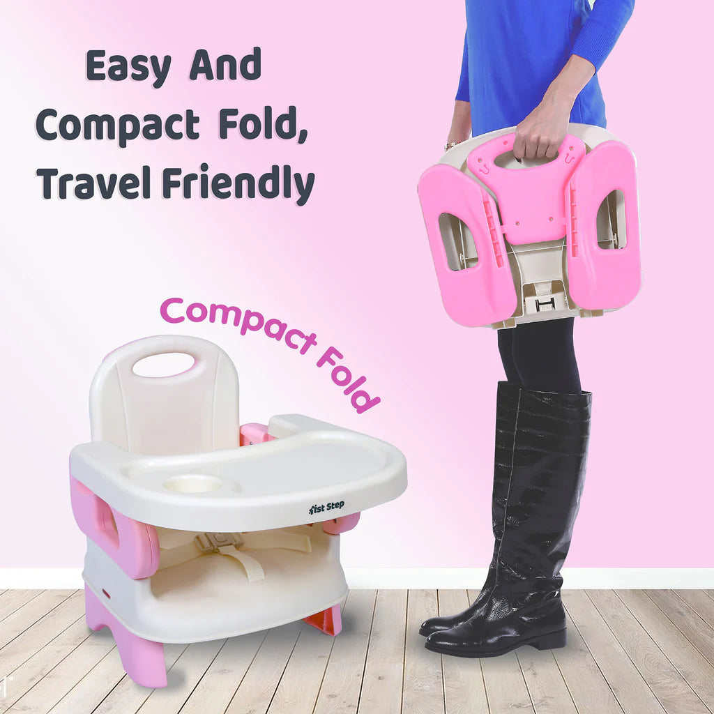 1st Step 2 in 1 Portable Booster Seat Cum Feeding Chair with 2 Level Height Adjustment and 5 Point Safety Harness (Pink)