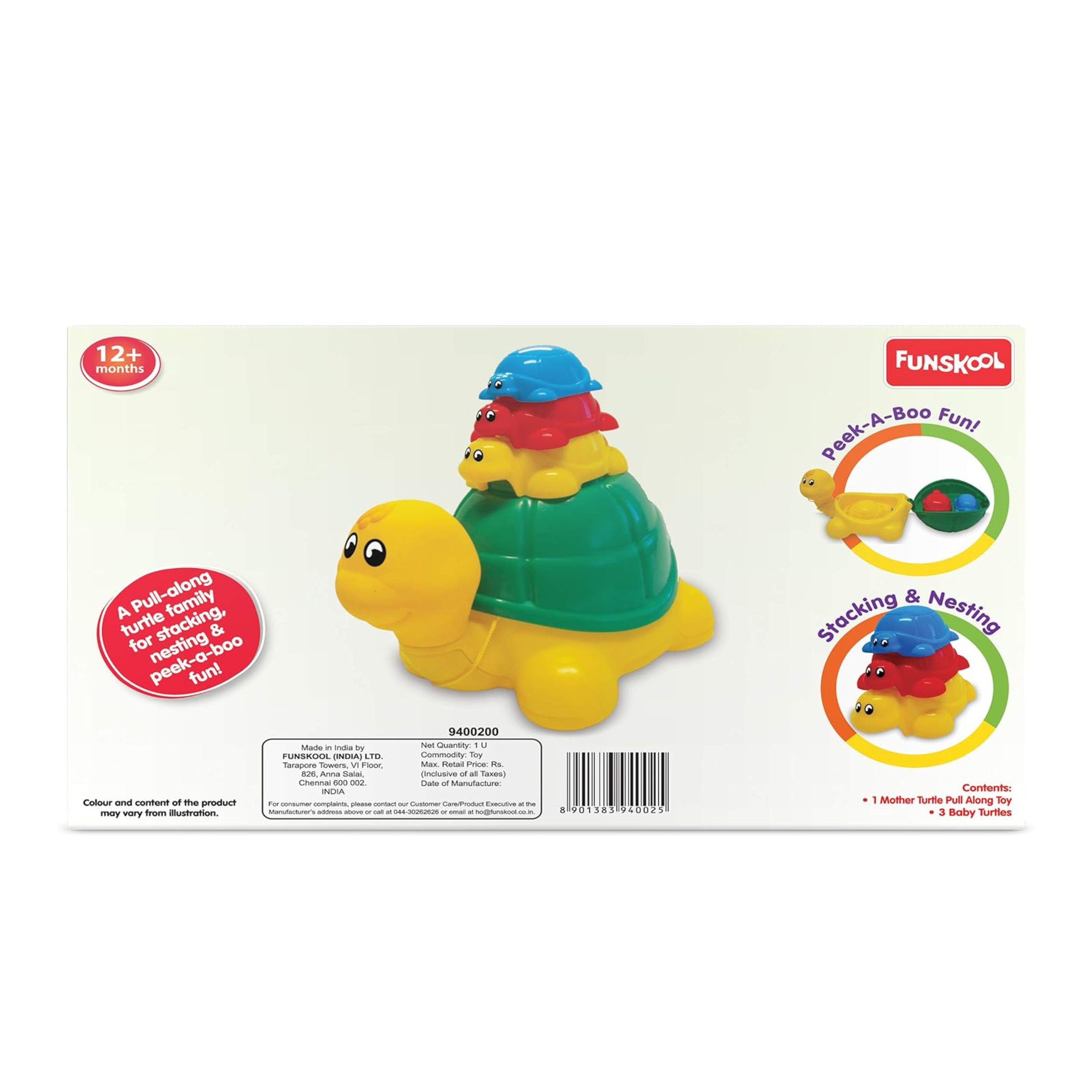 Click to see full view Funskool Giggles, Ride N Hide Turtle, Pull Along Toy, Encourages Walking, Funny Walking Style, 12 Months & Above, Infant and Preschool Toys, Multicolor