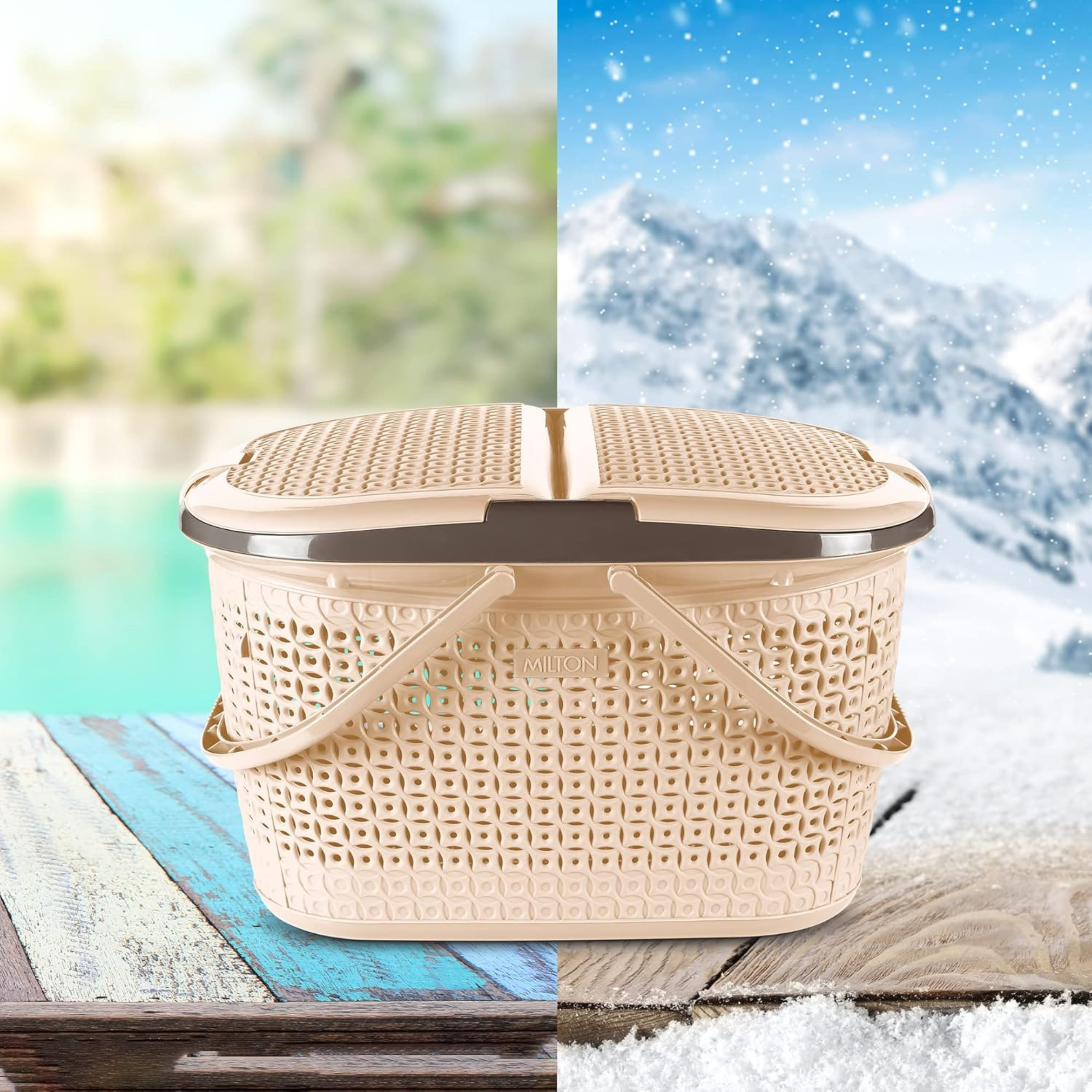 Milton Pluto Picnic Basket with Two Side Opening Lid and with Handles, 1 Piece, (49.1 x 37.8 x 30.6 cms) Ivory| Multipurpose | Toy | Clothes | Shopping | Accessories | Easy to Carry